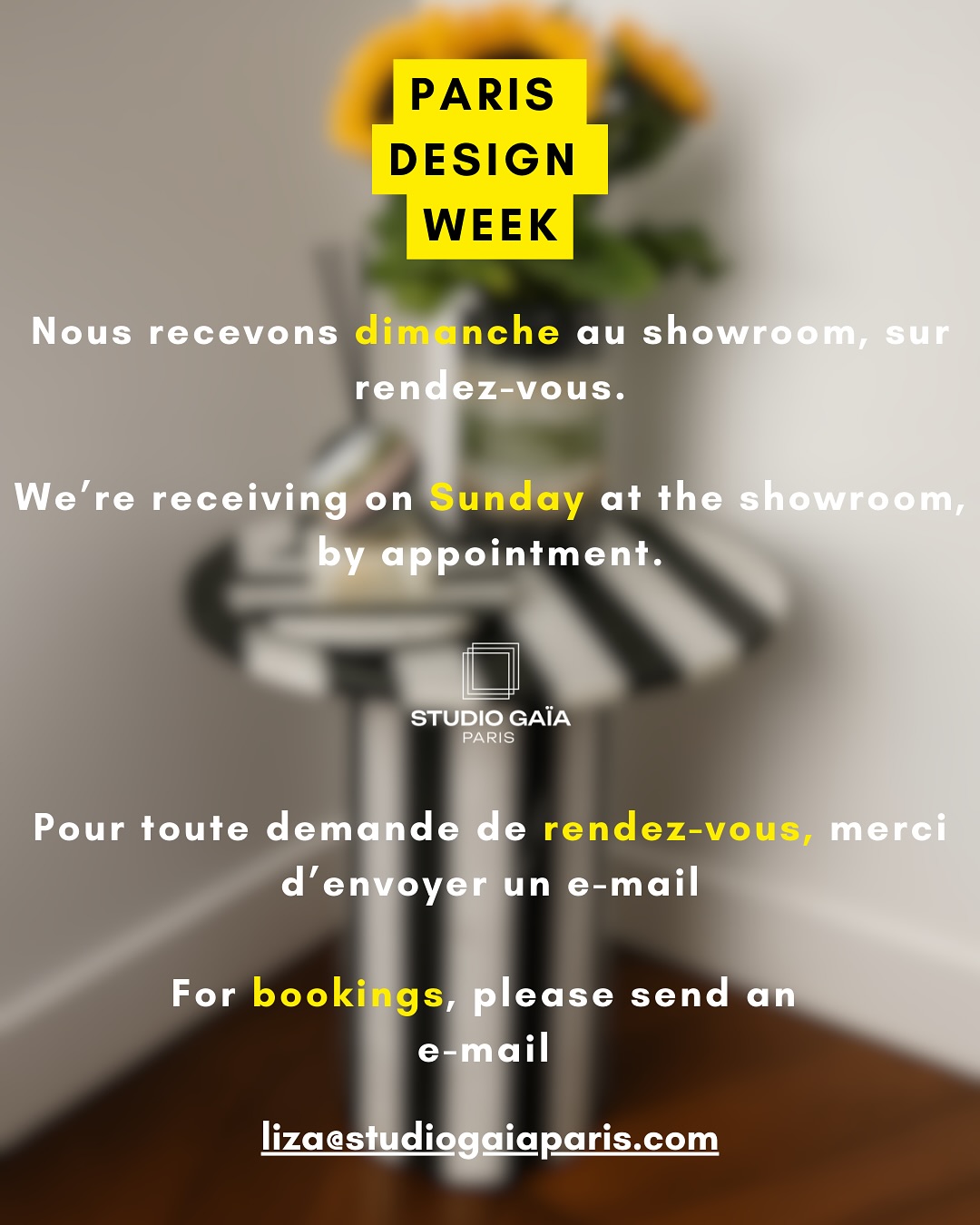 • Paris Design Week •
Nous recevons dans notre showroom parisien, 26 rue Singer, Paris 16e, du 4 au 8 septembre, de 11h à 17h.
📆 Pour toute prise de rendez-vous le dimanche, merci d’envoyer un e-mail à liza@studiogaiaparis.com
We welcome you at our Paris showroom, 26 rue Singer, 16th arrondissement, from September 4th to 8th, 11am–5pm.
📆 For Sunday appointments, please e-mail liza@studiogaiaparis.com