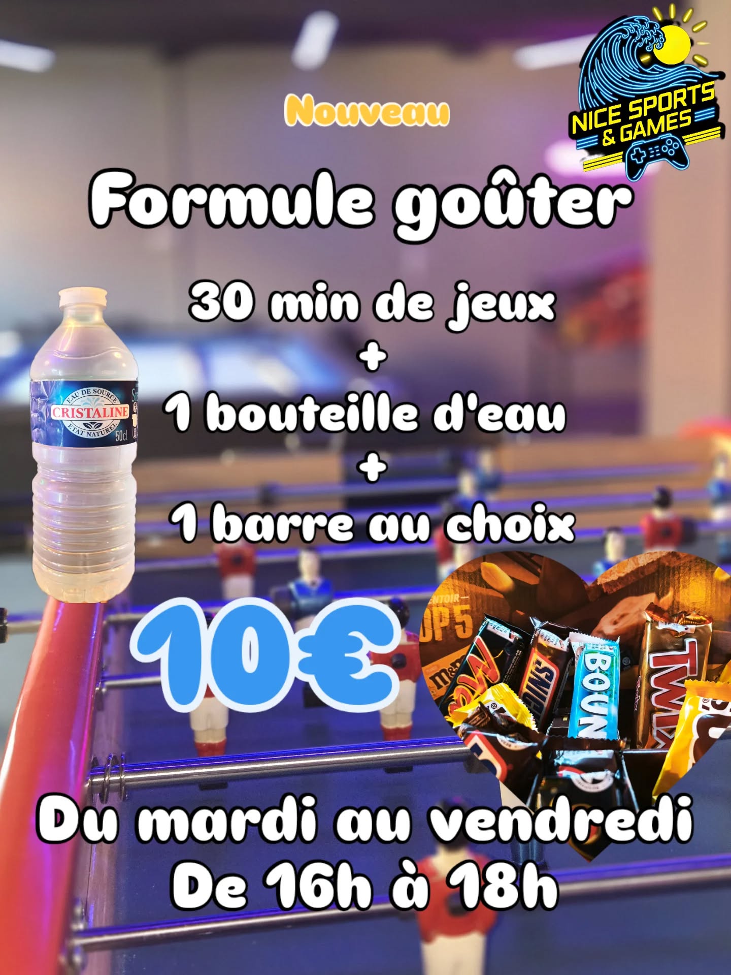 ⚡Nouvelle formule goûter pour l'année scolaire !
Seulement 10 € pour 30 minutes de jeux + 1 bouteille d'eau + 1 barre au choix 🥤🍫🎮
Offre valable du mardi au vendredi de 16h à 18h pour Petits et Grands !
#salledejeuxNice
#salledejeux
#gouter
#arcade
#rentree