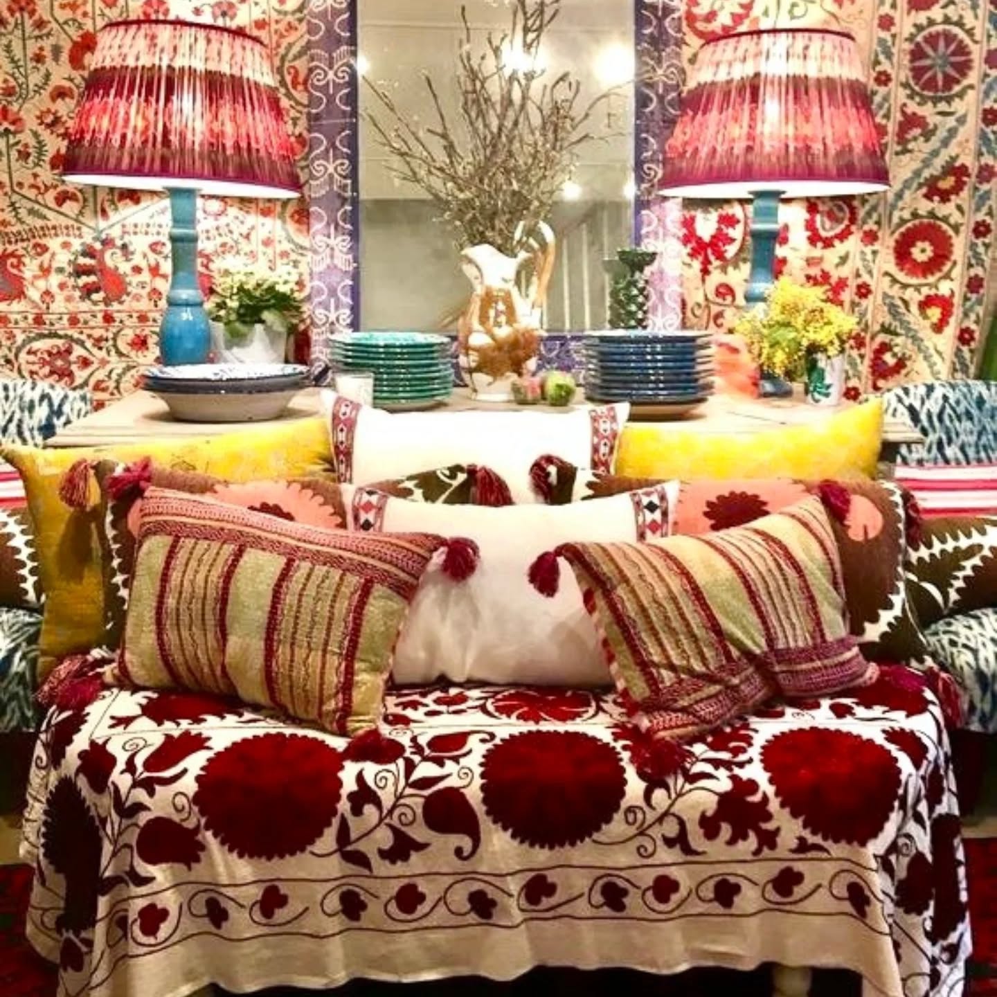 Designs Inspiration: Controlled Chaos- where pattern, texture, and color converge in deliberate dissonance. This is the art of power clashing: suzanis layered with ikats, florals meeting geometrics, stripes colliding with tassels—each element asserting its own voice, yet together creating a composition that feels orchestrated rather than accidental. It is maximalism with intention: bold, expressive, and unapologetically refined.
#ControlledChaos #PowerClashing #MaximalistInteriors #PatternPlay #DesignAsArt #EclecticElegance #LayeredLiving #SophisticatedMaximalism #InteriorAlchemy #DecorWithoutBoundaries