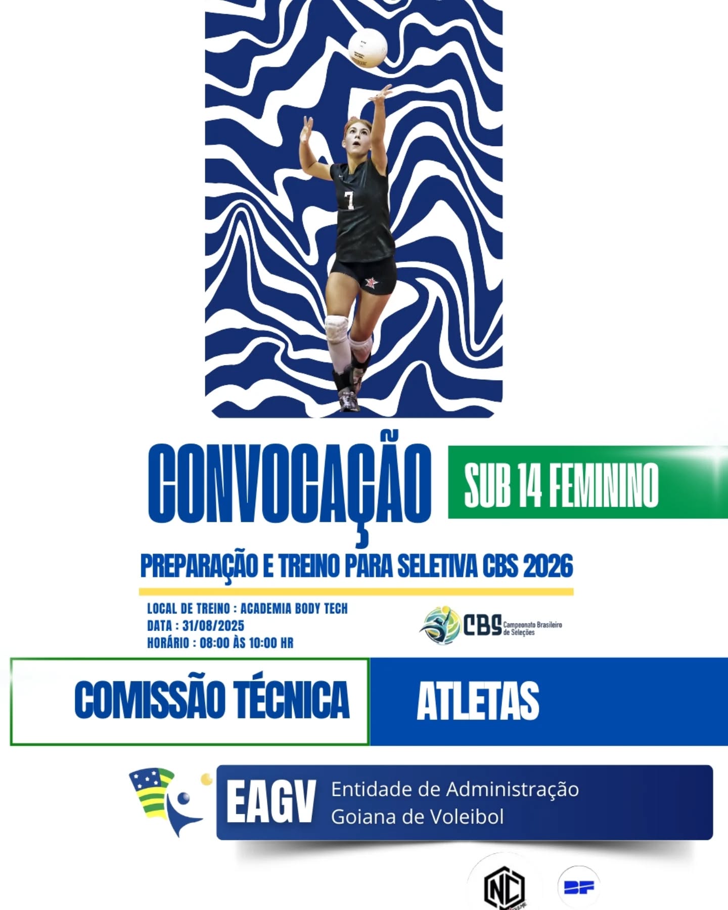 Convocação especial Sub 14 Feminino ✨
O futuro do voleibol goiano já está em movimento!
A EAGV – Entidade de Administração Goiânia de Voleibol anuncia a convocação da comissão técnica e das atletas do Sub-14 Feminino para a preparação e treino da Seletiva do Campeonato Brasileiro de Seleções 2026. 🌟
📍 Local: Academia Body Tech
📅 Data: 31/08/2025
⏰ Horário: 08h às 10h
É hora de dedicação, aprendizado e muito voleibol!
👉 Continue acompanhando a jornada com a gente aqui no @eagv.oficial e vibre junto com o crescimento das nossas futuras estrelas. 🚀🇧🇷