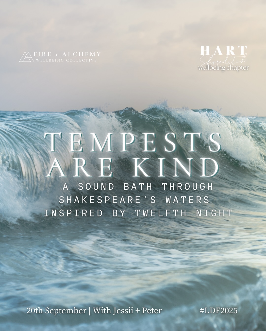 In partnership with the London Design Festival and Hart Shoreditch Hotel, journey into a storm of sound and stillness with Fire + Alchemy practitioners Jessii + Peter.
Inspired by Shakespeare’s Twelfth Night and the elemental energy of water—stormy + serene—this immersive session uses crystal bowls, gongs, and other instruments to guide you into deep release, restoration, and emotional calm.
This session is part of a series of events Supporting Rosie Reed Gold’s exhibition at the Hart Shoreditch taking place throughout the week. Stage Left, Letter Pressed is an evocative exhibition celebrating the written history of East London. Inspired by Shoreditch’s historic Curtain Theatre, where Shakespeare’s early plays like Romeo and Juliet were performed. This immersive installation weaves together video, sound, and interactive art to explore the power of language and storytelling.
Tickets support the charity Ministry of Stories.
Tempests Are Kind: A Sound Bath Through Shakespeare’s Waters
(A Sound Bath Inspired by Twelfth Night)
🗓️ Saturday 20th September
🕚 Noon – 1pm
📍 Hart Hotel, Shoreditch
🎟️ Book: fireandalchemy.com/all-events
#LDF2025