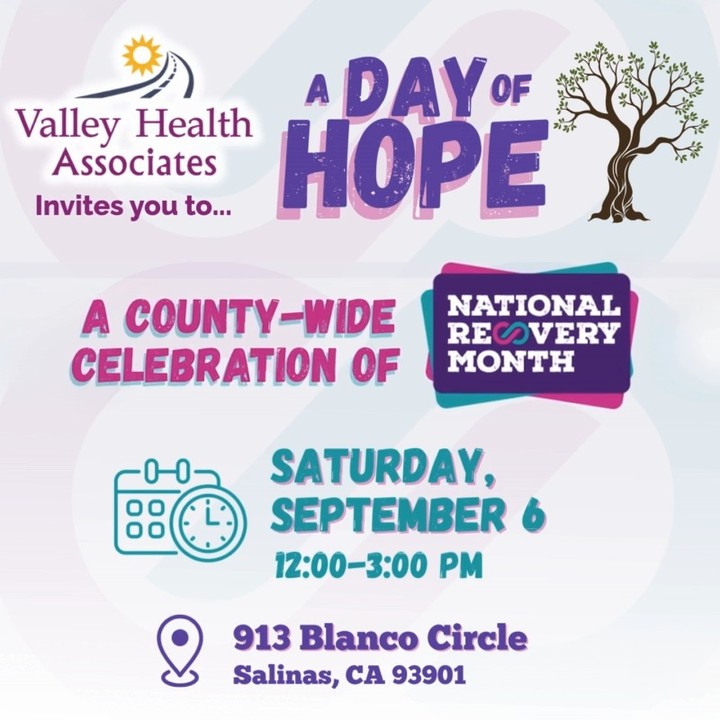 🌟 Join us for a Day of Hope! 🌟
Our event celebrates the county-wide celebration of National Recovery Month, filled with community, connection, and fun! 💜
This Saturday, September 6th, from 12:00 PM – 3:00 PM at 913 Blanco Circle, Salinas.
Hope will grow with love, care, and support. ✨
RSVP today by scanning the QR code or clicking the link in the bio.
#DayOfHope #NationalRecoveryMonth #ValleyHealthAssociates #RecoveryIsPossible