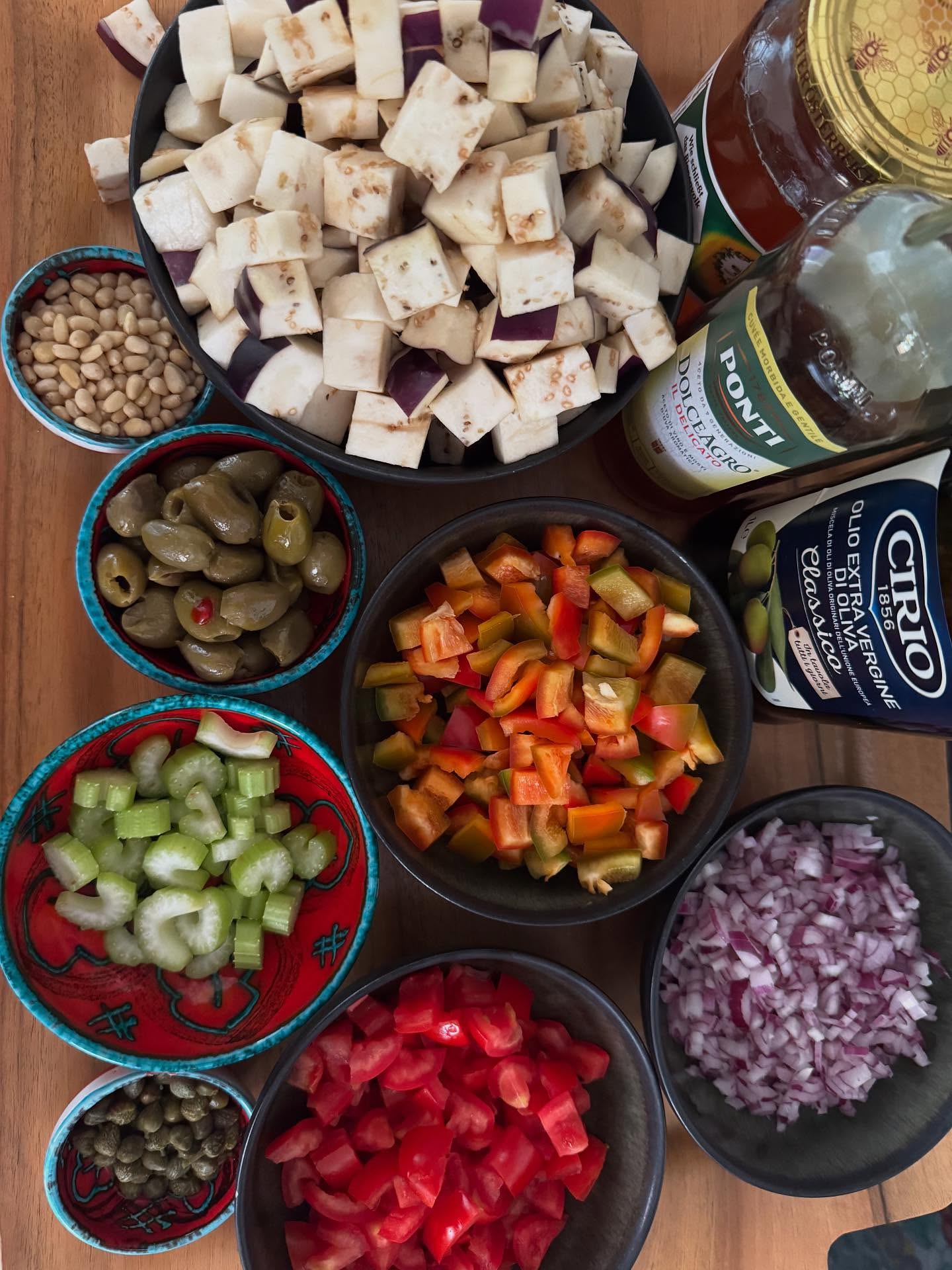 Sicilian Caponata with Tropea onions, Calabrian peppers, sweetened with honey from Austrian bees, and a bit of swordfish added at the end… @klugfamilyshenanigans #caponata #swordfish #mytropeakitchen #aubergines #tomatoes #tropeaonions #olives #capers #pinenuts #celery #vinegar #honey #cocoapowder