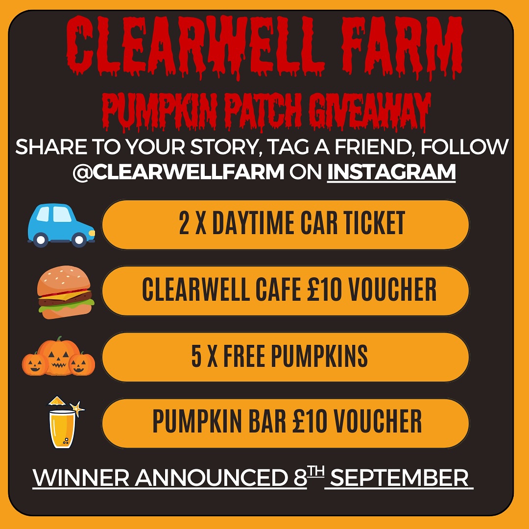Winner announced @annamarie_winks 🎃✨ PUMPKIN PATCH GIVEAWAY ✨🎃
We’re giving one lucky winner the ultimate Clearwell Farm prize bundle! 👇
🚗 2 x Daytime Car Tickets
🍔 £10 Clearwell Café Voucher
🎃 5 x Free Pumpkins (any size) 
🍺 £10 Pumpkin Bar Voucher
To enter:
1️⃣ Share this post to your story
2️⃣ Tag a friend in the comments
3️⃣ Make sure you’re following @clearwellfarm on Instagram
Winner announced 8th September – good luck! 🍀