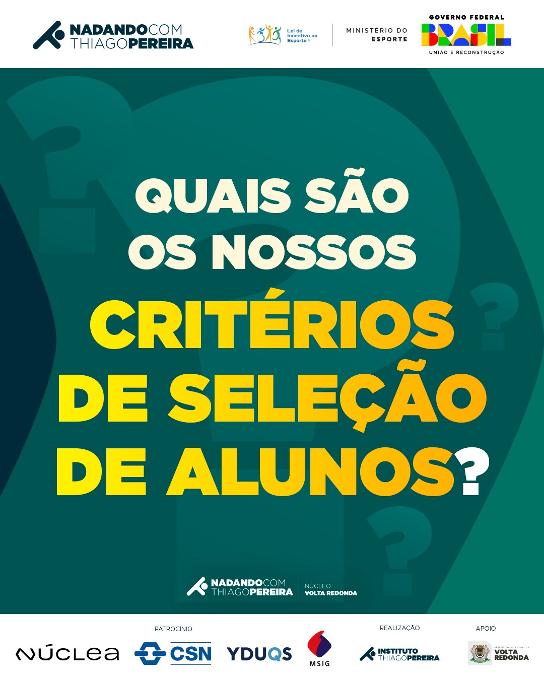 No Nadando com Thiago Pereira, as vagas são preenchidas com base em critérios claros e justos, sempre com foco em quem mais precisa aprender a nadar.
👉 Nossa ordem de prioridade contempla:
✔️ Crianças que já sofreram afogamento ou têm casos de afogamento na família
✔️ Alunos que não sabem nadar e nunca tiveram aulas de natação
✔️ Famílias em situação de maior vulnerabilidade socioeconômica
✔️ Crianças e adolescentes de 7 a 17 anos
✔️ Equilíbrio entre meninos e meninas
✔️ Documentação completa para matrícula
Após atender a esses critérios, as demais vagas são preenchidas pela ordem de inscrição, com prioridade para famílias de menor renda.
Nosso objetivo é garantir que cada vaga represente uma oportunidade real de transformação e segurança. 🌊💙
Parceiros como @oficialnuclea, @fundacaocsn, @institutoyduqs e @mitsuisumitomoseguros_oficial tornam possível levar segurança e oportunidades a cada criança.