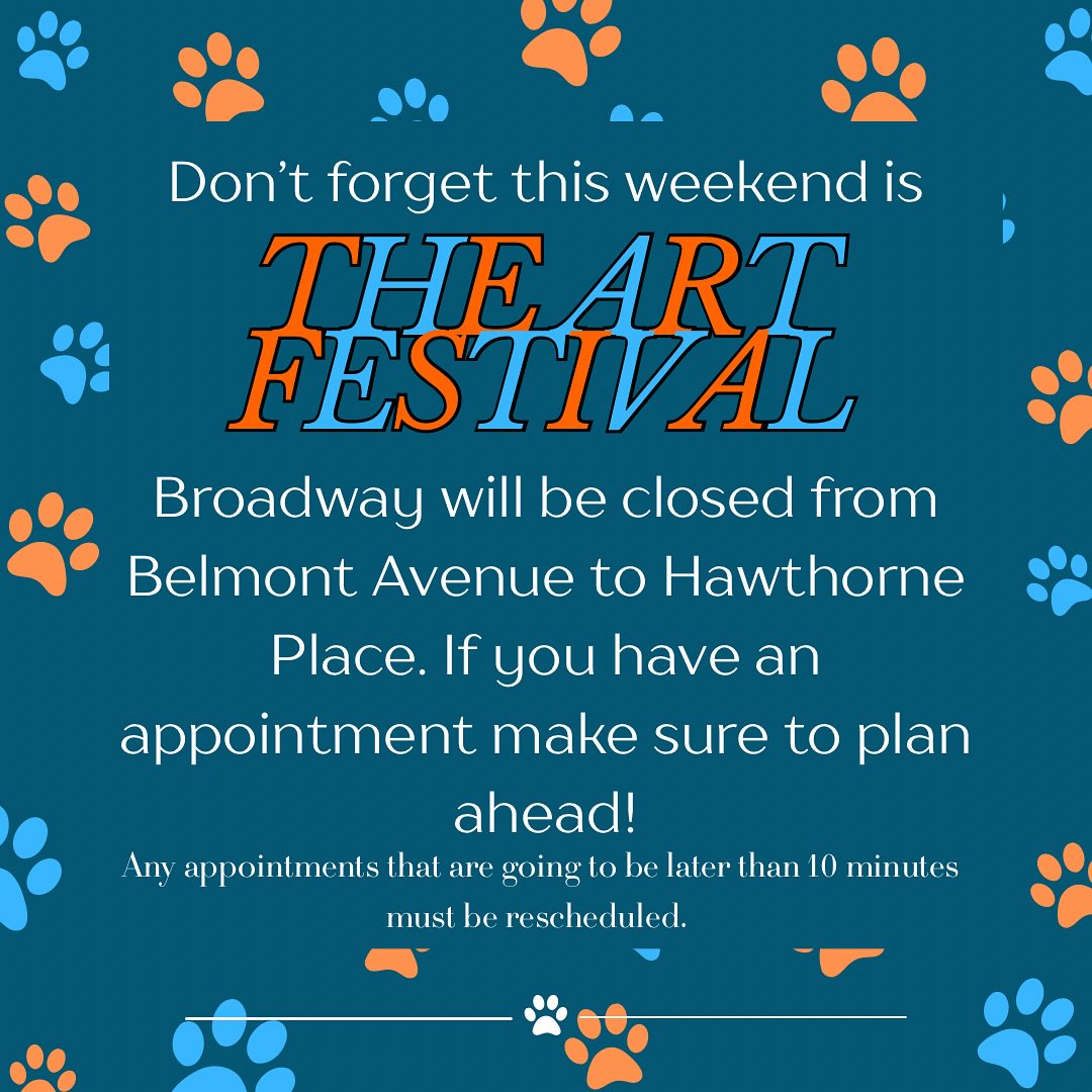 The Art Festival will be happening right outside our window! We recommend walking if possible. 🎨🎭
Please call us @ 773-904-8724 if you are running late for your appointment.