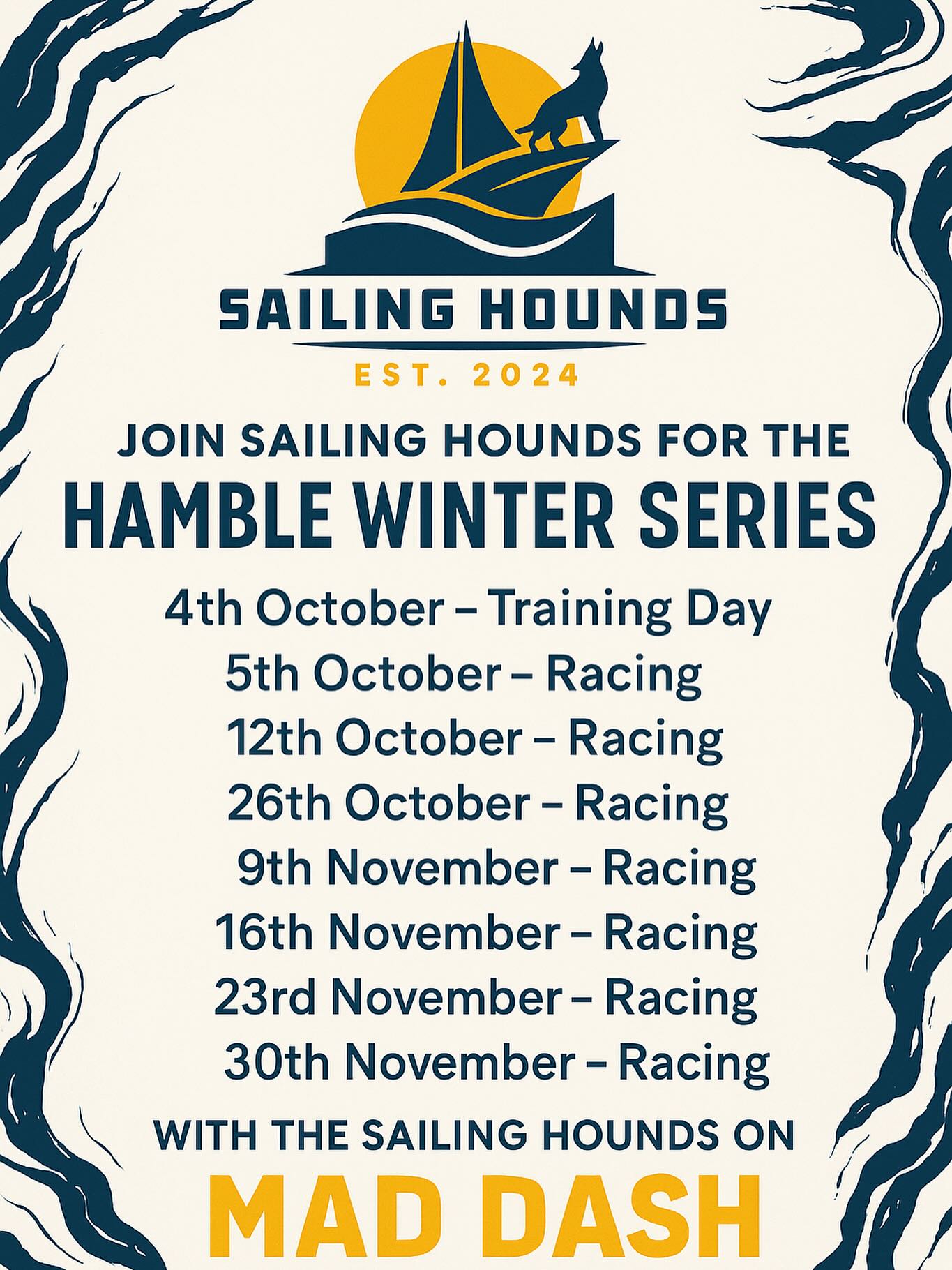 🚀 Ready to race! The Sailing Hounds are set for the Hamble Winter Series on our Elan 410 Mad Dash. 🐕⛵️
Training kicks off 4th October – then it’s game on! 💨
Follow our journey, cheer us on, and join the pack as we chase speed and glory on the Solent. 🌊⚓️
£80 per day per person or £500 for the full 7 days and training day
#SailingHounds #MadDash #Elan410 #HambleWinterSeries #SolentSailing #YachtRacing #SailingLife #SailFast #TeamSpirit #OnTheWater