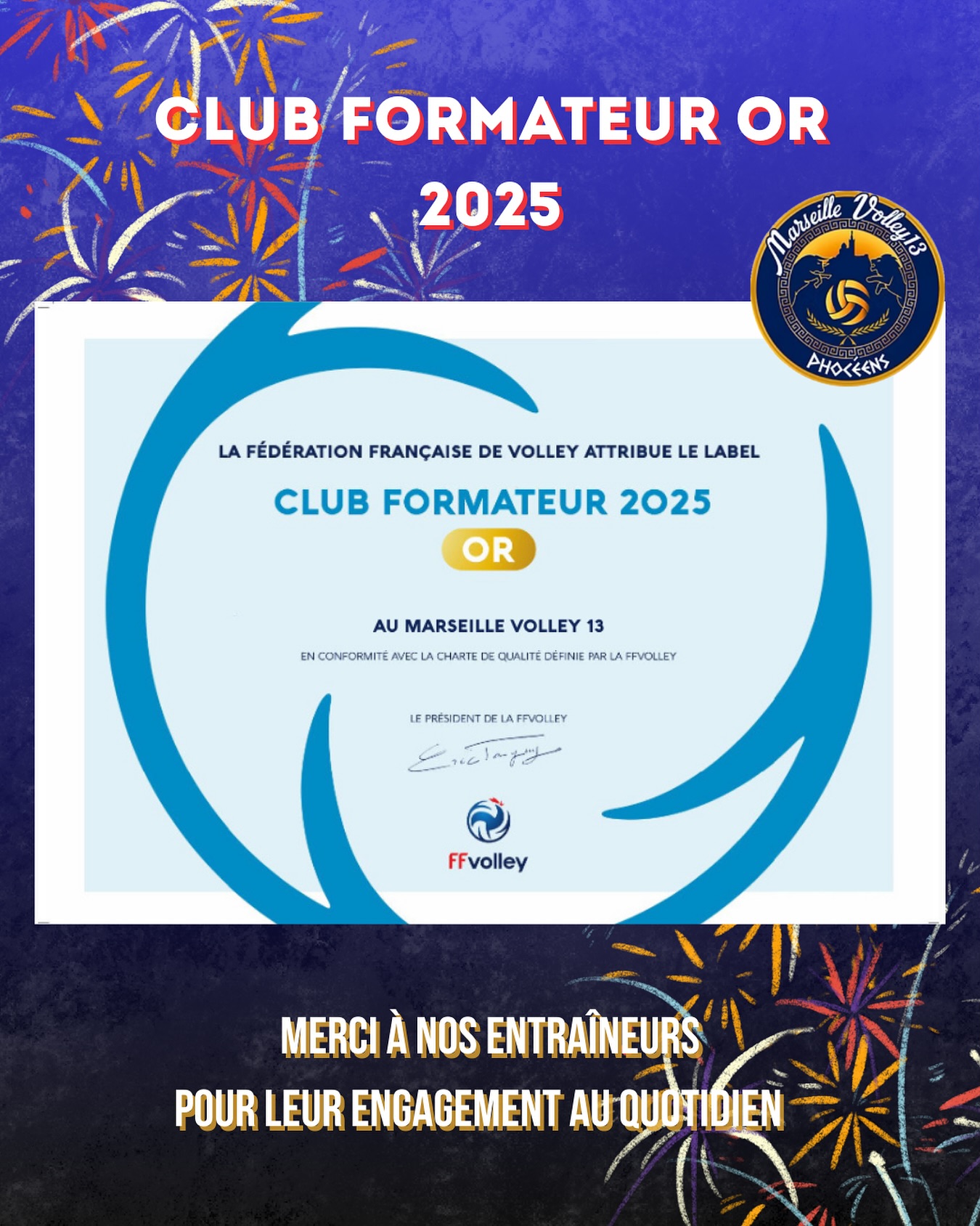 Marseille Volley forme les volleyeurs de demain 🤍💙🏐.
Le club associatif s’est vu, à nouveau, attribué le label “CLUB FORMATEUR OR” 🏅, récompensant sa filière de formation, ses interventions dans les écoles et ses performances en Coupe de France jeunes.🚀
Merci à tous les entraîneurs qui s’investissent au quotidien pour nos jeunes 💪🏻