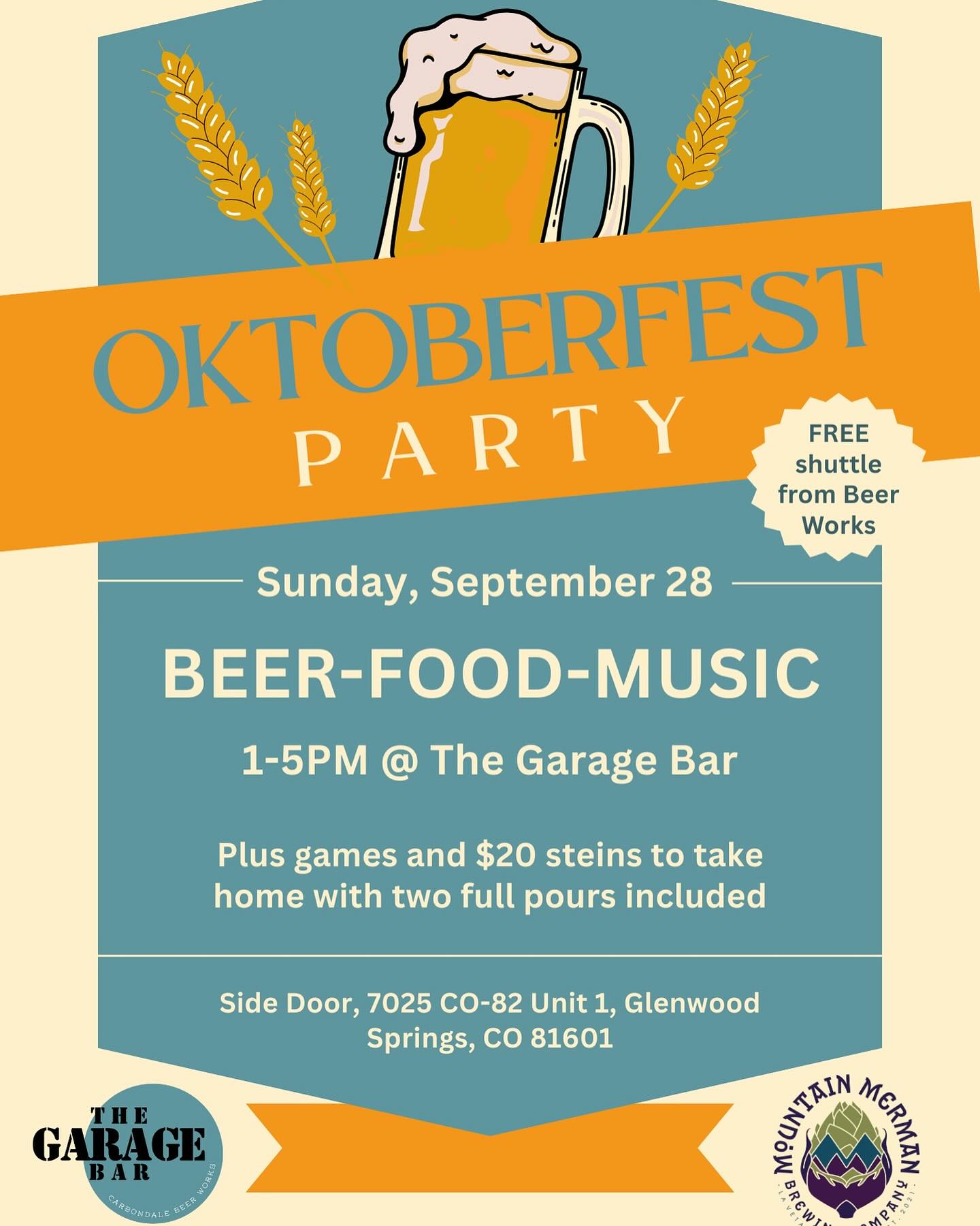 PROST! 🎉Join us Sunday, Sept. 28 from 1–5 PM at The Garage Bar for a day full of brats, pretzels, sausages & steins with @mountainmermanbrewing .
🎶 Live music + games
🍺 $20 take-home steins (includes 2 full pours)
🚌 Free shuttle from Beer Works
Round up your crew, throw on your lederhosen, and let’s raise a pint together. 🍂🍻
#GarageBarCBW #CarbondaleBeerWorks#GlenwoodSpringsColorado #SmallBatchBrewing #Oktoberfest #CraftBeer #SupportLocal #DrinkLocal #Prost