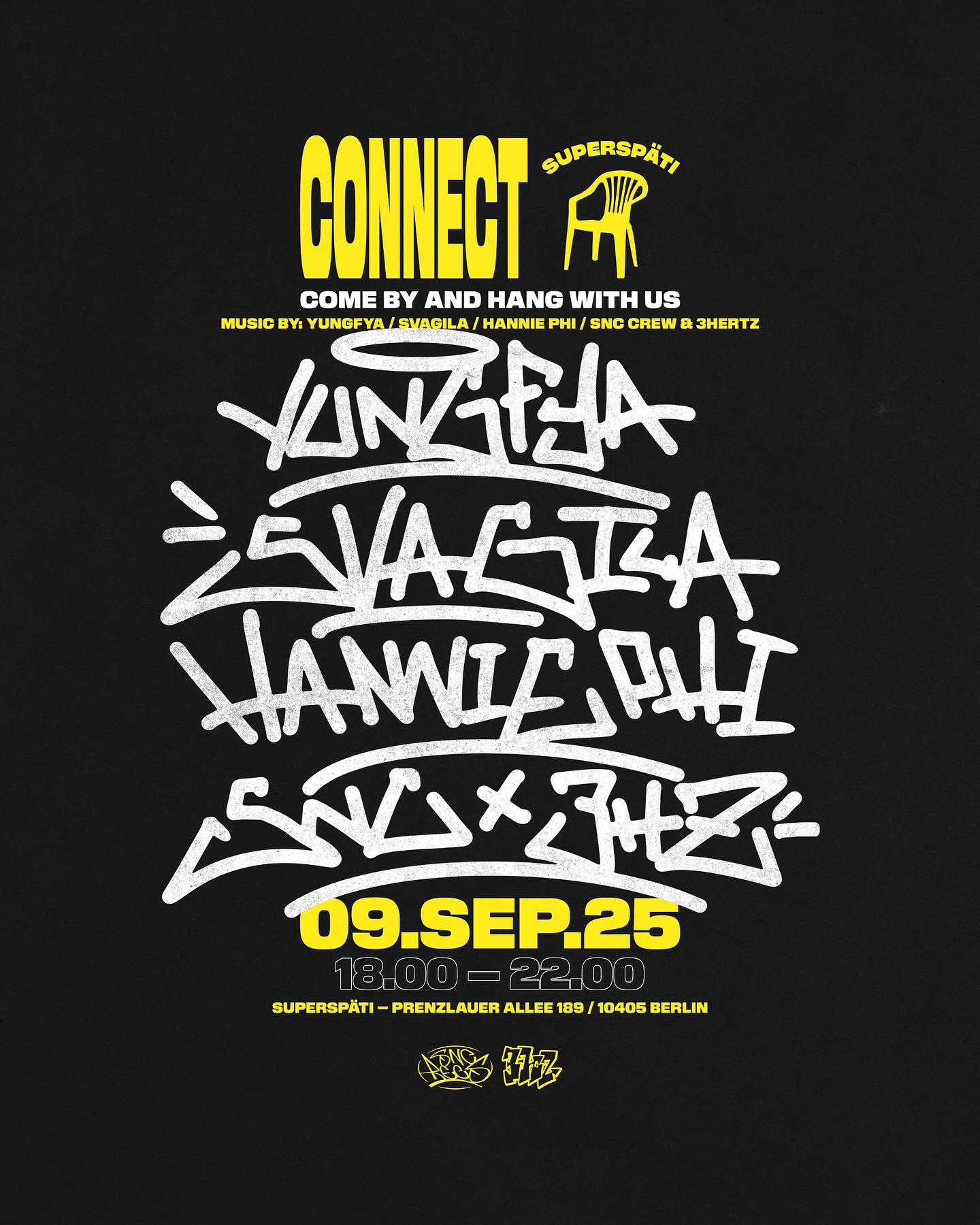 Let’s link up Fam! Next Tuesday (09.09) we’re taking over @superspaeti_berlin for our first CONNECT recording sesh. Pull up, hang with us and catch sets by @yungfya, @svagilaaa, @hannie.phi plus your SNC & 3HERTZ crews. We cant wait to see you all 🤝