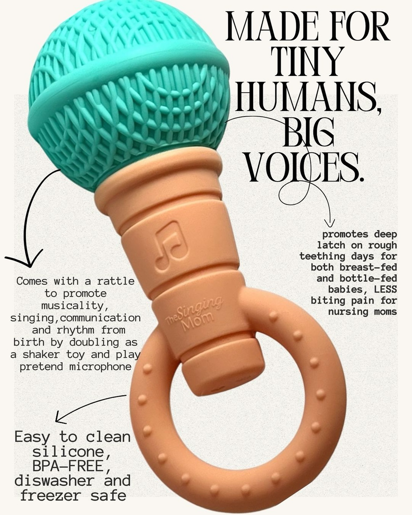 What can’t our gorgeous teether do!? It’s BPA-FREE, food grade silicone, perfect size for tiny humans! Our microphone teether will keep your little one comfortable and engaged! Why only teethe in pain when you can have fun doing it 😍? Let’s turn teething sessions into cooing, bonding, exploring and musicianship!
It will grow into toddlerhood as a play pretend toy!
#teething #babyteether #babytoys #teethertoy #deeplatch #nursingmoms #bondwithbaby #microphoneteether #musicalbaby #babysinging