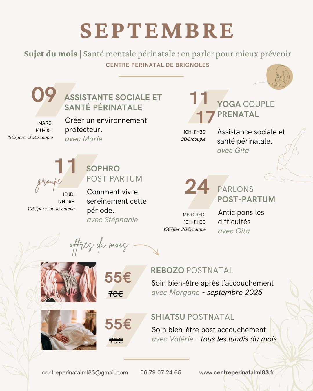 🗓️ Septembre au Centre Périnatal de Brignoles
Ce mois-ci, nous mettons la santé mentale périnatale au cœur de nos échanges. Parce qu’en parler, c’est déjà mieux prévenir. 💖
Ateliers & groupes de discussions animés par des intervenantes qualifiées.
Offres du mois : soin Rebozo et Shiatsu post-natal 🤱
🌿 Un mois pour se retrouver, prendre soin de soi, et avancer ensemble.
👉 Retrouvez toutes les infos et inscriptions auprès du Centre Périnatal de Brignoles