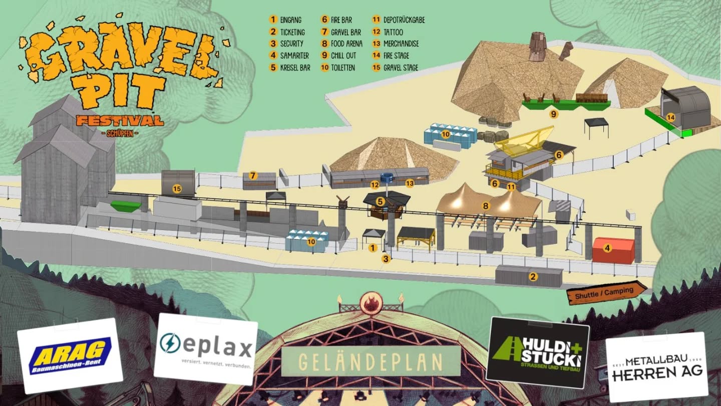 🔎 Finden und gefunden werden 🤷♂️
Damit ihr euch in unserer Grube orientieren könnt, die Santiät nach dem letzten Stunt sofort findet und zu den Essensständen die Ideallinie planen könnt, haben wir hier den für euch spezialangefertigten Geländeplan!
Jetzt müsst ihr nur noch ans Festival selbst finden! Weginformationen und Tickets gibt’s auf
* http://www.gravelpitfestival.ch/infos und
* https://www.seetickets.com/ch/event/gravel-pit-festival/kiesgrube/3248569
See you there! 🤘🏼
#gpf2025 #rockmusic #schuepfen #gravelpit #festival #gravelpitfestival #kiesgrube #seeland #biel #bern #solothurn #dondeestalabibliotheca