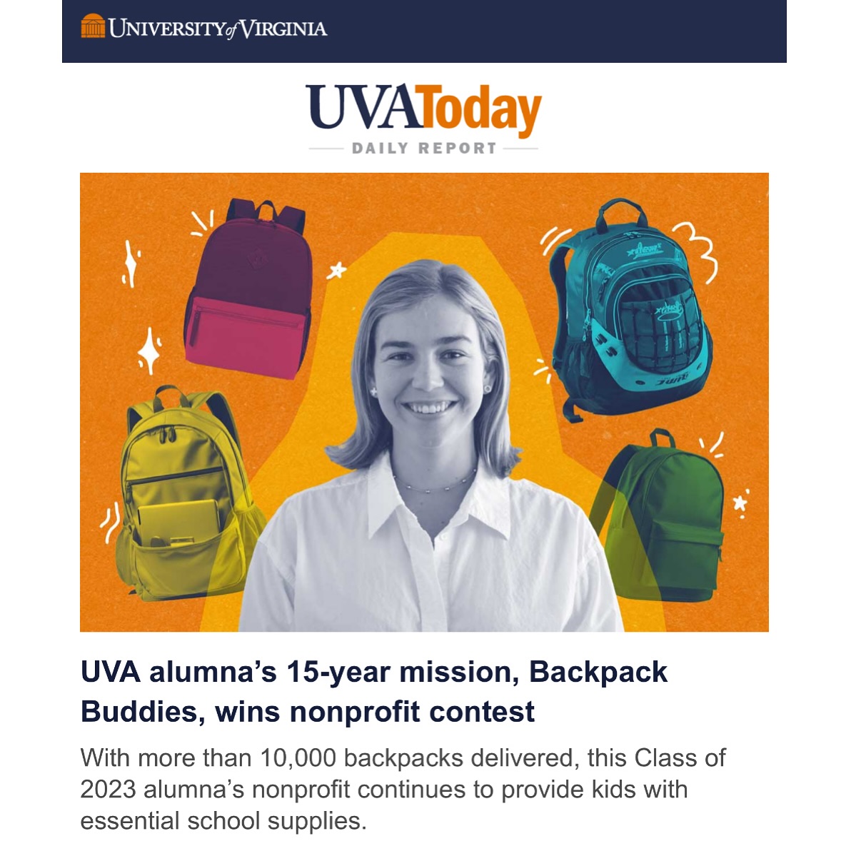 So excited for this article to come out on UVA Today! Incredibly grateful to Renee Grutzik for sharing Lucia’s Backpack Buddies story! Link in bio.
Go Hoos! 🧡💙
#uva #virginia #backpackbuddies #charlottesville