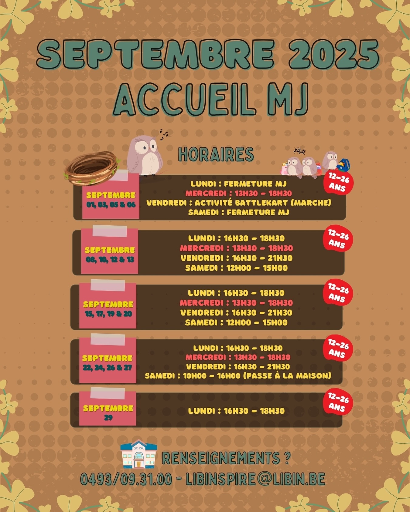 📆Les horaires d’accueil du mois de septembre 2025 sont là !✨
Suis-nous pour ne rien louper !🔥