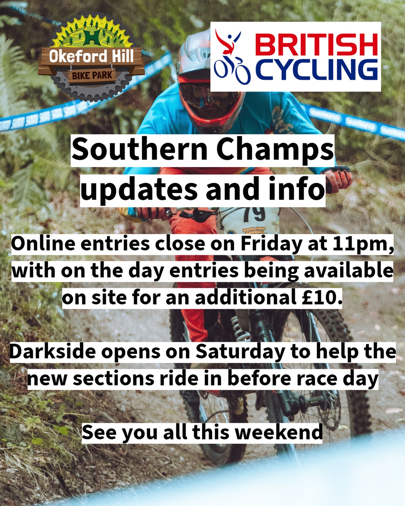 @britishcycling Southern champs updates and info:
Online entries close at Friday at 11pm, with on the day entries being available on site for an additional £10
Darkside opens on Saturday to help the new sections ride in before race day.
See you all this weekend 🤘
#okefordhill #okefordhillbikepark #britishcycling