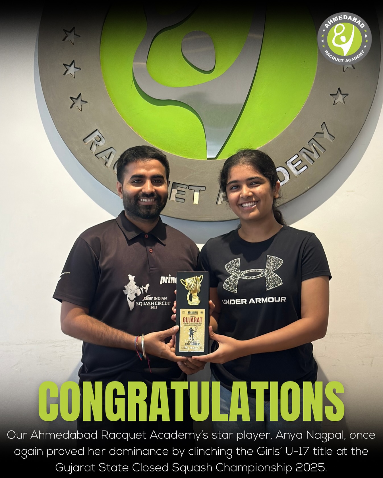 Ahmedabad Racquet Academy’s Anya Nagpal has once again showcased her excellence, winning the Girls’ U-17 title at the Gujarat State Closed Squash Championship 2025. 🏆
With this victory, she becomes a 4-time consecutive champion, reflecting her unwavering dedication and consistency at the highest level.