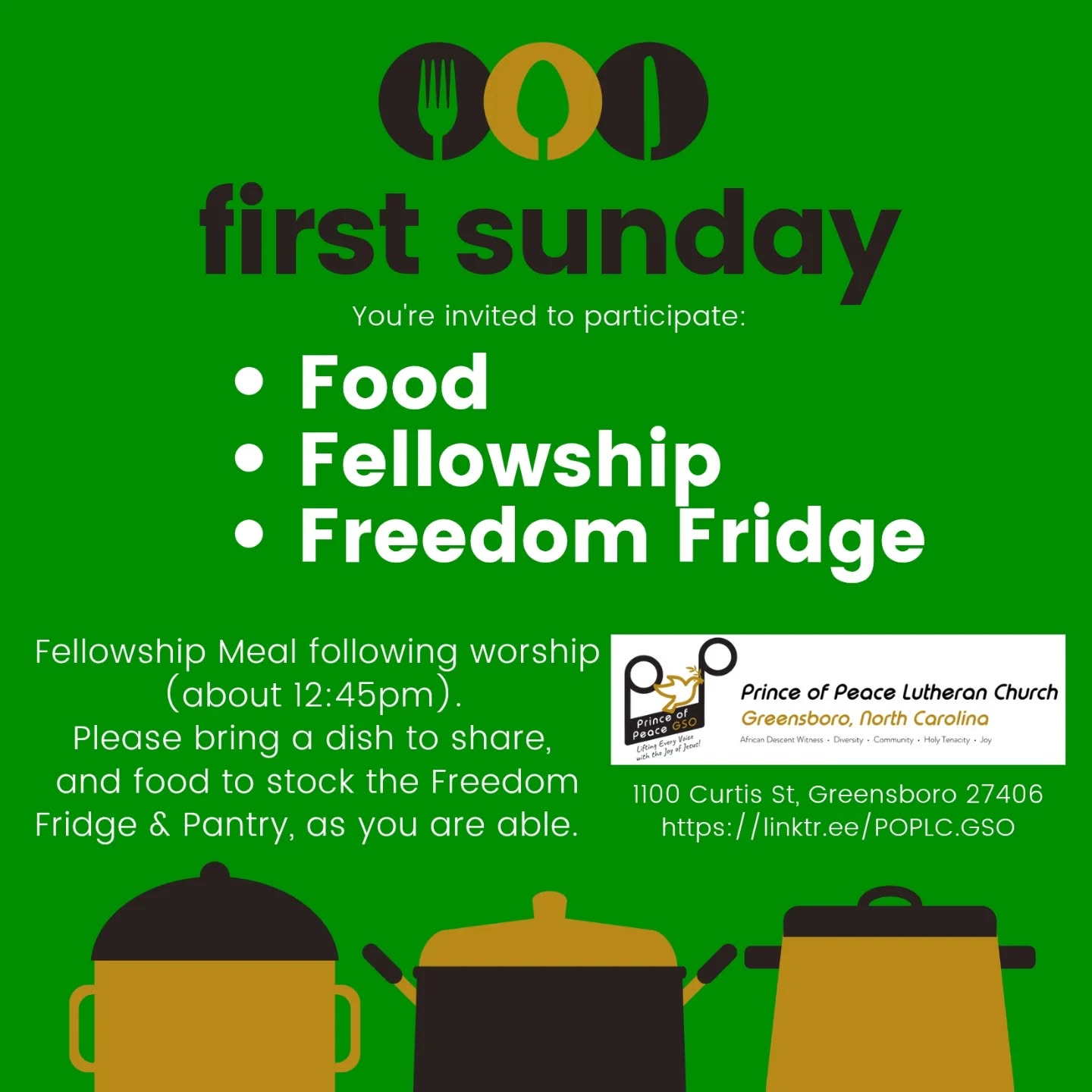 You are invited & welcome at Prince of Peace #FirstSunday:
🛍️ Please bring Freedom Fridge donations
📖 10am Adult Bible Study
✝️ 11am Worship, Children's Message, Communion
🍲 12:45pm Fellowship Meal
➡️ 1100 Curtis St Greensboro 27406
🖥️ Livestream - Facebook & YouTube
https://linktr.ee/POPLC.GSO
