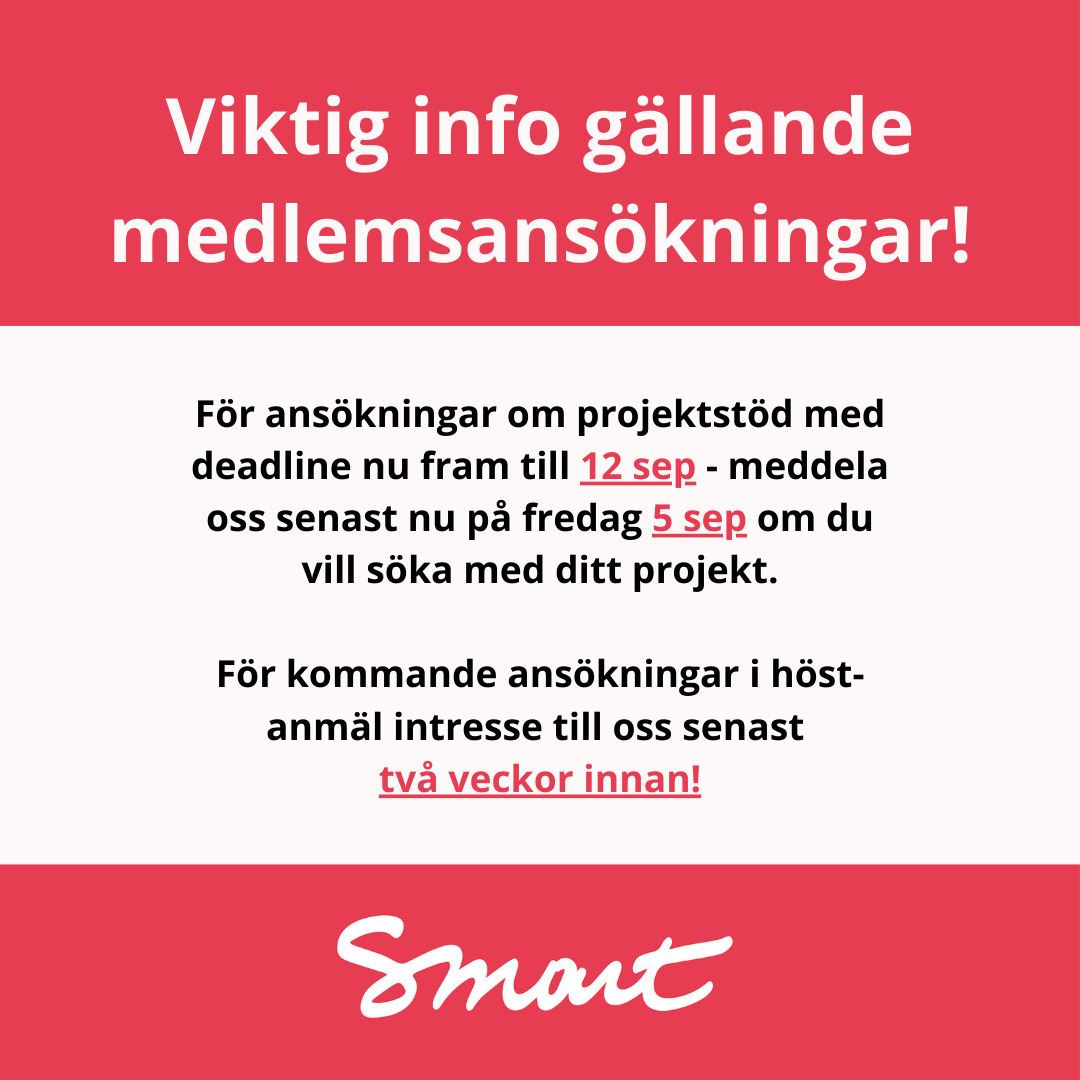 Viktiga datum för era medlemmars ansökningar om kultur- och projektstöd! 📝📍
För ansökningar om projektstöd med deadline nu fram till 12 sep meddela oss senast nu på fredag 5 sep om du vill söka med ditt projekt. För kommande ansökningar i höst- anmäl intresse till oss senast två veckor innan!