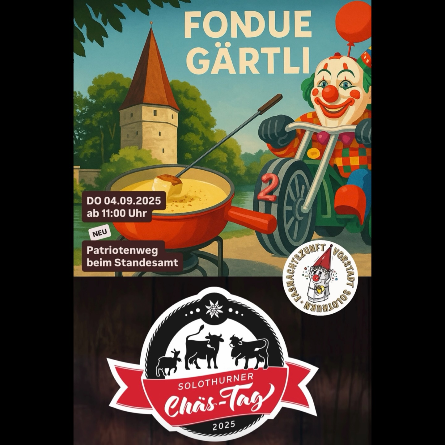 Chästag 2025 🫕🍷 Mir freue üs, euch a üsem neue Standort dörfe z'begrüesse. Dir finged üses Fondue-Gärtli am Patriotenweg, hingerem Standesamt.
DO 04.09.2025 ab 11:00 Uhr
Chömed verbi zume feine Fondue und emene Gläsli Wyy 🥳😃