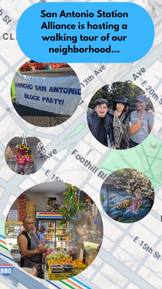 Join us this Saturday for an informative and inspiring walk through Oakland's San Antonio neighborhood. Could a BART station revitalize and grow our community? Could a green pedestrian bridge connect us to the waterfront? You decide! Start at @cafe.xochi at 11 am, end at @philomenaoakland , and talk to @victorflores_bart and the @oakland General Plan update team. Thanks, @seamlessbayarea and #transitmonth ! Check bí0 to RSVP and info.