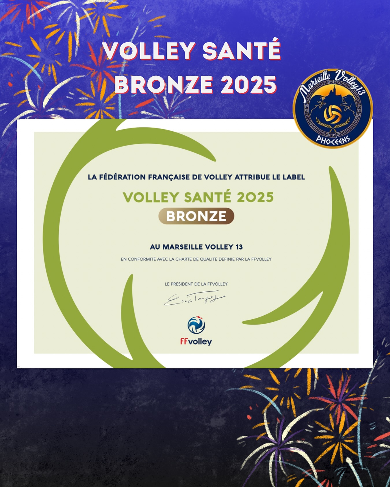 Marseille Volley développe le volley pour la santé et le plaisir de jouer🏐🤩
Nous sommes fiers d’annoncer l’obtention du label « CLUB FORMATEUR BRONZE – VOLLEY SANTÉ », qui distingue nos actions en faveur du sport-santé et de l’inclusion🥉
Merci à nos entraîneurs, bénévoles et partenaires pour leur engagement au quotidien💙🤍