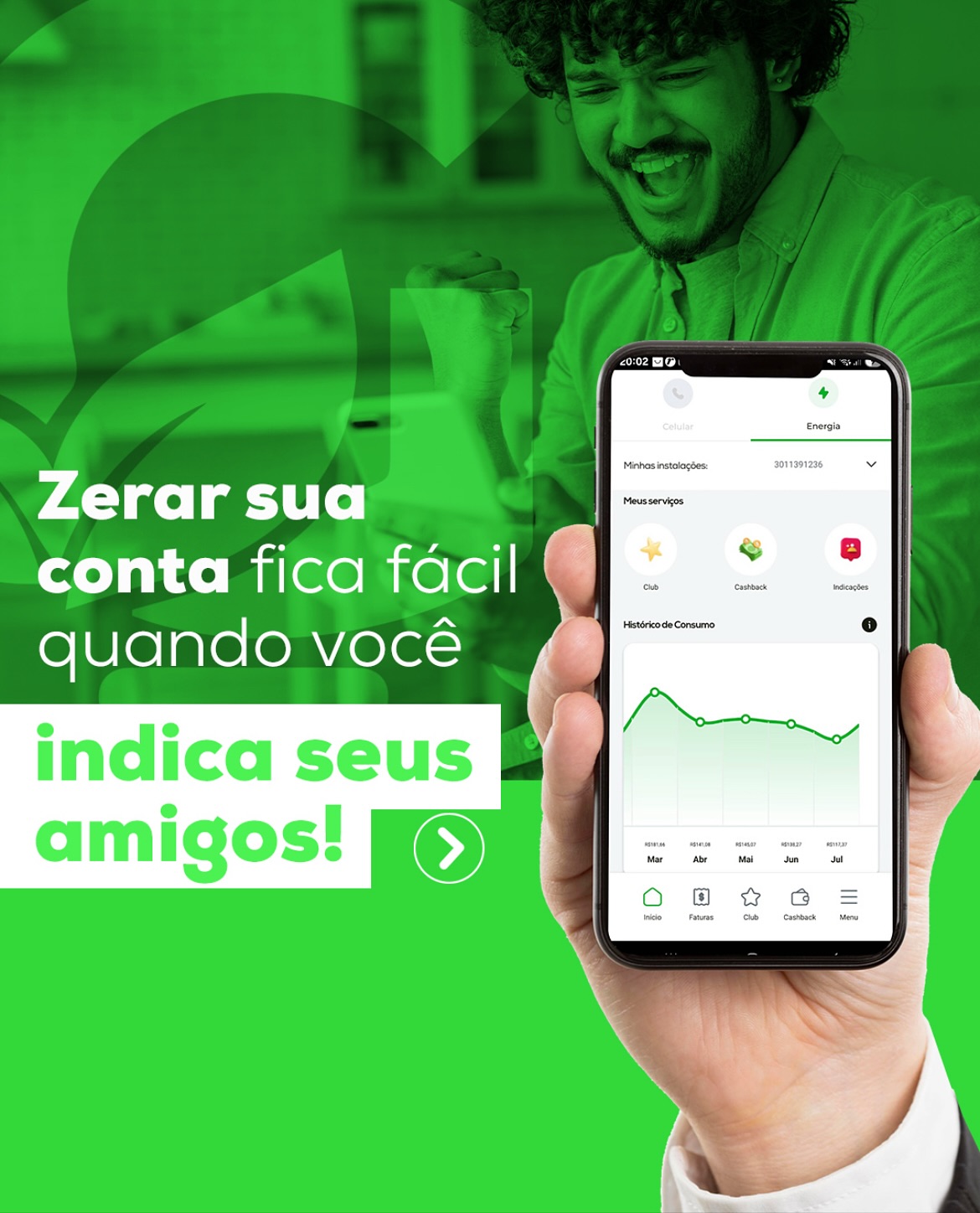 Ganhe prêmios sem sair do lugar!
Com o app iGreen Club, você indica seus amigos e acumula números da sorte para participar dos sorteios e receber descontos no nosso clube de benefícios.
Quanto mais indicar, mais chances de ganhar você tem, e seus amigos também!
Abra o app, compartilhe seu link.
Comece a transformar suas indicações em vantagens!
#CashbackSustentavel #EnergiaComValor #iGreenClub
