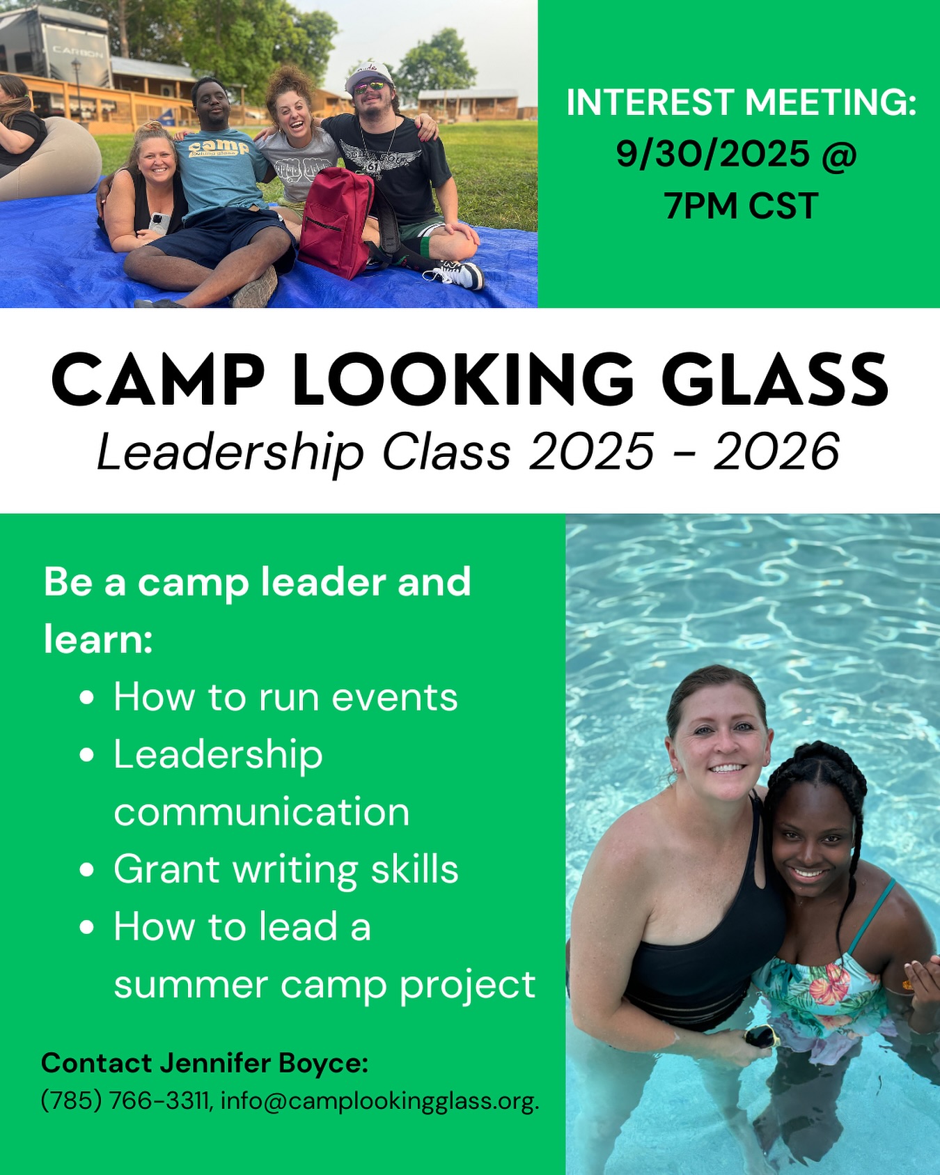 Calling all Camp Looking Glass leaders! We want YOU to register for our CLG leadership class interest meeting!
If growing your leadership skills and learning more about how you can help us grow our camp community then register in the link in our bio or reach out to Jennifer Boyce: 785 766 3311.