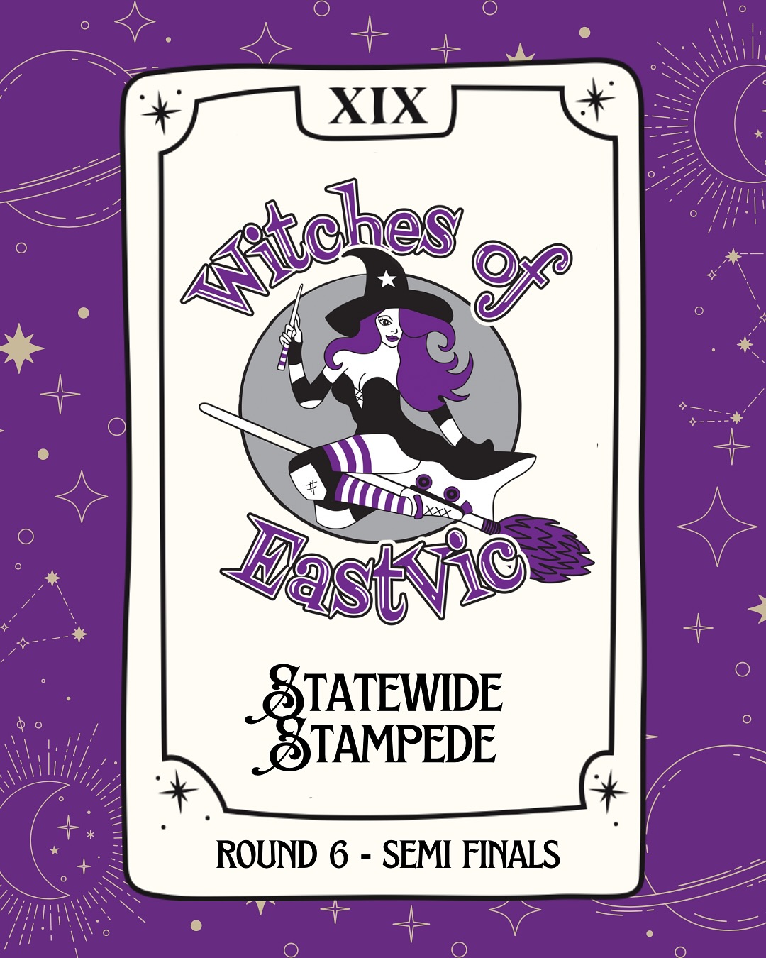 It’s Semi Finals time in @statewidestampede and the Witches of East Vic are heading to Daylesford bright and early tomorrow morning to face off against the incredible NE/WS (@northeastrollerderby and @westsiderollerderby) 🛼
For those who can’t make it to Daylesford, tune into the livestream via Statewide Stampede on YouTube to support all the amazing skaters!
Let’s go witches! 💜