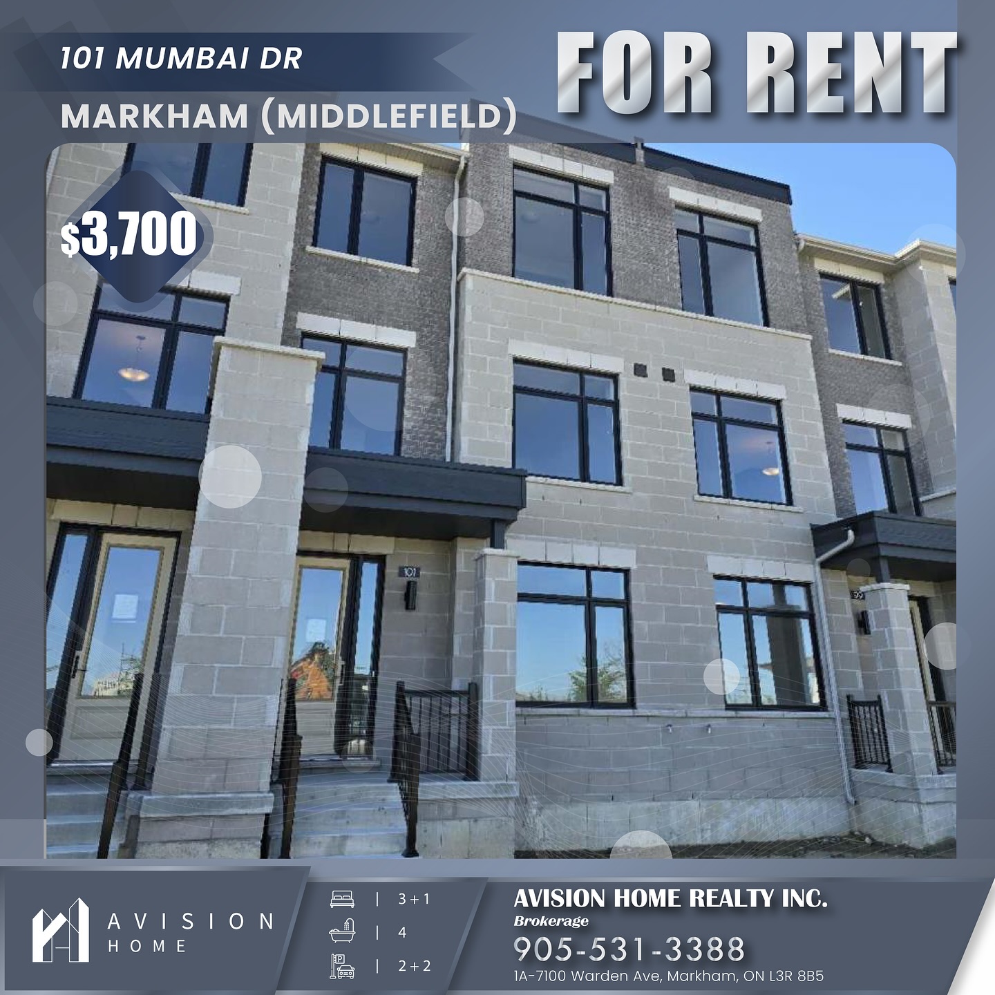 ✨ For Rent! 1-Year-New Townhome – 3+1B4B ✨
📍 101 Mumbai Dr, Markham (Middlefield)
💰 $3,700/Monthly
Welcome to this 1-year-new freehold townhome in the heart of Markham’s Middlefield community! Spanning over 2,000 sq.ft. across 3 levels, this spacious home features 3 bedrooms + den, 4 bathrooms, a double garage, and private terrace — perfect for families looking for comfort, space, and convenience.
📍 Just Minutes to:
🛍️ Costco, Walmart, Markville Mall
🛣️ Hwy 7 & Hwy 407
🏫 Great Schools & Parks
⛹️ Kids’ Playground & Basketball Court (1 min walk)
✨ Home Features:
🏡 3 Beds + Den | 4 Baths
🌟 9’ Ceilings Across All Levels
🪟 Open-Concept Living with Natural Light
🌳 Private Terrace & Balcony off Primary Bedroom
🚗 Double Garage + Driveway (4 Parking Spaces)
🧺 In-suite Laundry | Hardwood Main Floor
📌 Tenant pays all utilities | Non-smokers preferred
📩 Move-in ready – contact us anytime to book a tour!
☎️ 905-531-3388
🌐 www.avisionhome.com
#rental #rentalhouse #realestate #dreamhouse #torontorealestatemarket #torontorealestate #mortgagerate #bank #rate #mortgage #GTArealestate #richmondhill #markham #vaughan #richmondhillhomeforlease #homeforlease #ontario #DreamHome #firsttimebuyer #northYork