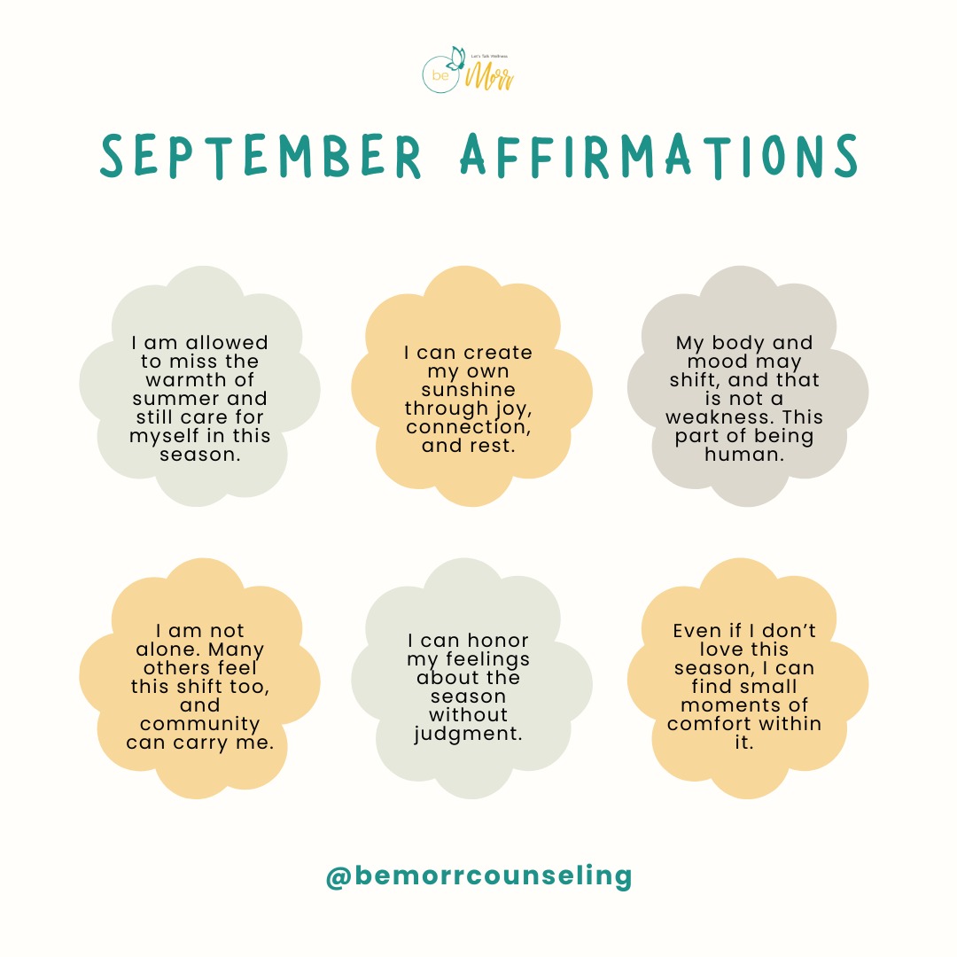 For anyone dreading the seasonal shift… you’re not alone!
Fall can bring cozy vibes for some (if you're a pumpkin spice girlie we love this for you) but for many, the shorter days, colder weather, and loss of summer’s light feel heavy.
If you’ve noticed your mood dip this time of year, I want to remind you that your feelings are valid, and you’re not the only one moving through this.
Save these affirmations for when you need a gentle reminder, and share them with someone who might be struggling too. We get through this together 🫶🏾
#FallAffirmations #SeasonalSupport #HealingInCommunity #bemorr