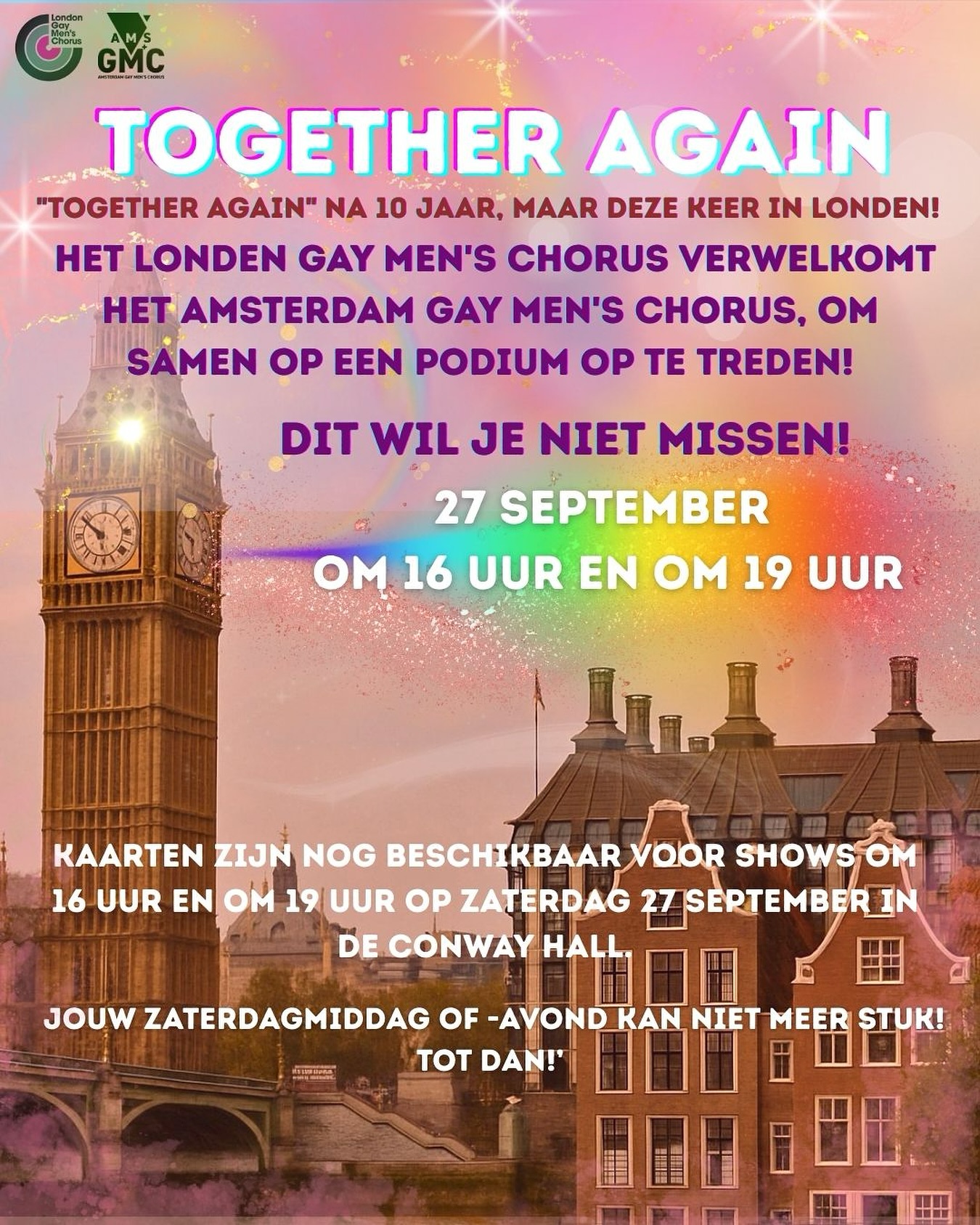 ✨ “Together Again” na 10 jaar, maar dit keer in Londen! 🇬🇧🌈
Het London Gay Men’s Chorus en het Amsterdam Gay Men’s Chorus staan eindelijk weer samen op één podium.
📅 Zaterdag 27 september
⏰ Shows om 16:00 en 19:00
📍 Conway Hall, Londen
Dit wil je niet missen… 😉
🎟️ Tickets zijn nu beschikbaar! check onze bio voor de ticketlink!
#TogetherAgain #AmsterdamGayMensChorus #LondonGayMensChorus #Londen #Concert