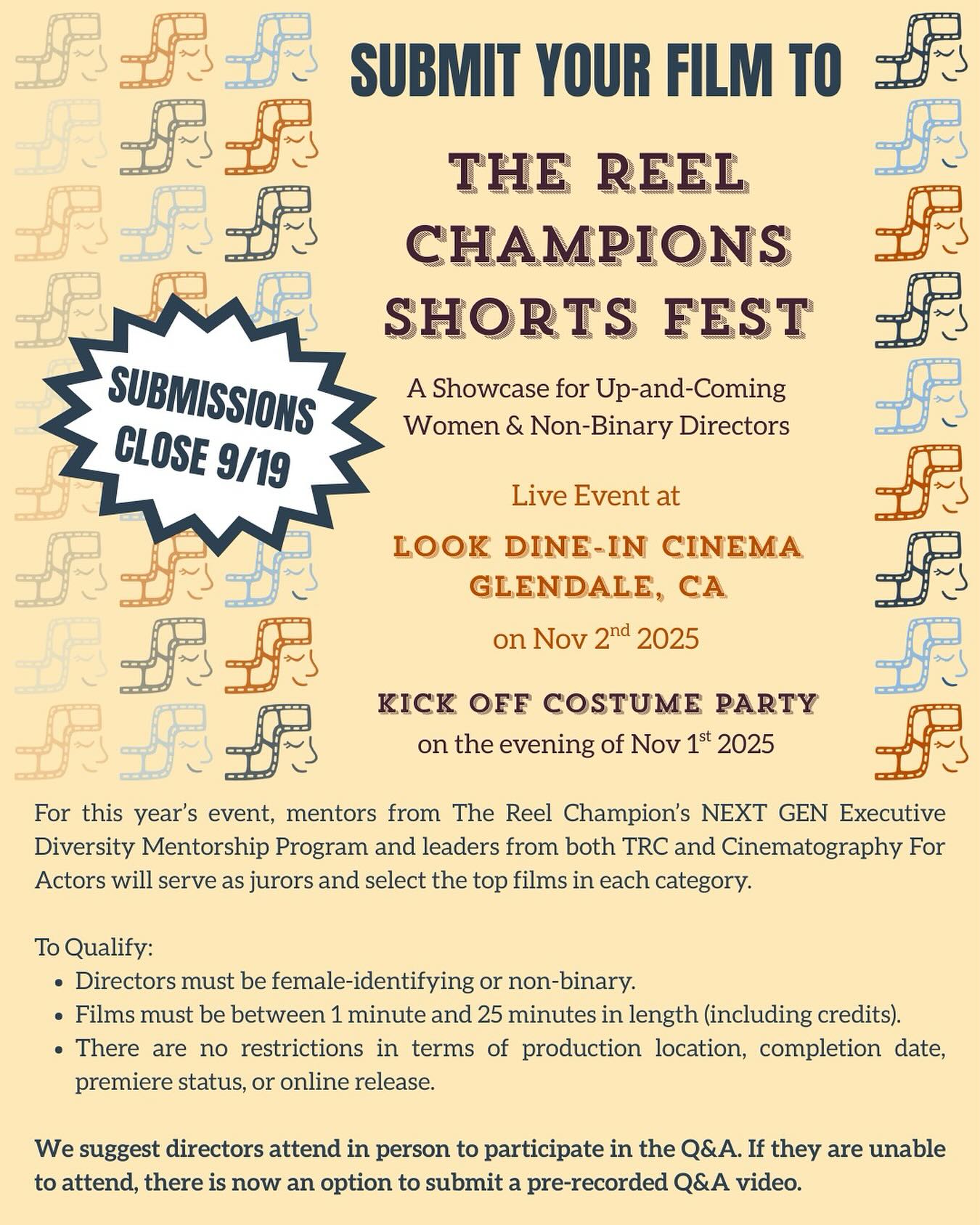 Exciting update!!
TRC Shorts Fest is NOW ACCEPTING DOMESTIC & INTERNATIONAL submissions🥳
While we highly encourage our Directors to be present in-person for the LA film festival and Q&A portion, attendance is no longer mandatory.
Don’t forget that we’ll be kicking off the festival weekend with a Costume Party on November 1st👻🦇🎃
Special thank you to our host,
@lookcinemas in Glendale for an exciting weekend celebrating short filmmaking and women/non-binary filmmakers!
Our Jury is so excited to see the films, submissions close September 19th🎞️
Film Freeway link is in our bio to submit your film🔗📽️