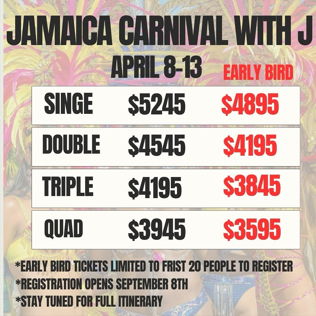 ✨ 20 EARLY BIRD SPOTS ONLY! ✨🌴
The vibes are set, the packages are ready, and the road is calling 🇯🇲🔥
🎟 Registration opens Sept 8th – don’t miss your chance to lock in early bird pricing before it’s gone!
⚡ Limited spots. Maximum vibes. Carnival with J.
#JamaicaWithJ #Carnival2025 #GenXs #RoadReady #islandvibes