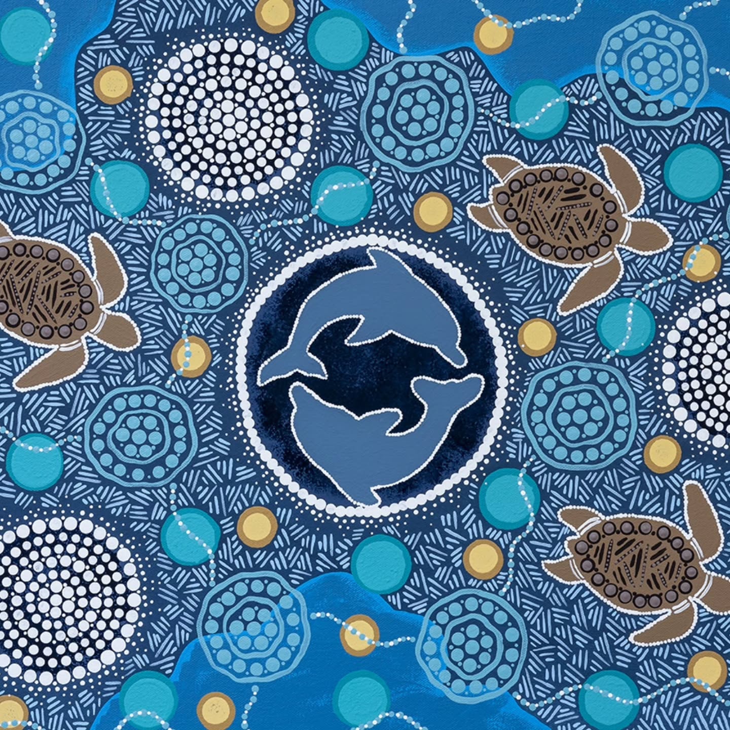 Harmony in the waters 🩵
The dolphins calming and protective presence brings harmony to the turtles as they surface from the deep blue ocean.
This artwork is part of the new "Spirit Land" collection, now available online via @ashdene_