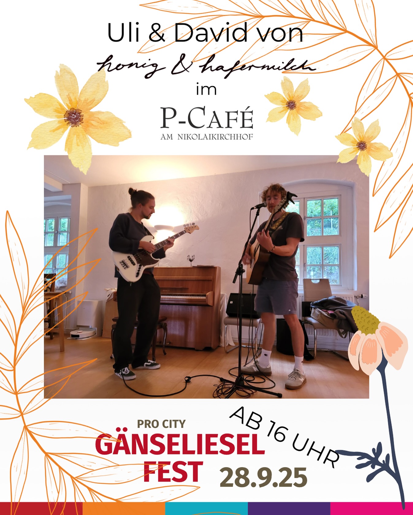 🌼 Gänselieselfest am Sonntag, den 29.09.2025 🌼
Unsere musikalischen Gäste sind @uliloho & David von @honig.und.hafermilch ab 16 Uhr am Nikolaikirchhof 🎶 🌞
Honig und hafermilch ist eine junge Göttinger Band, die mit ihrem groovigen und soften Sound verschiedene Einflüsse aus Indie-Soul und Folk vereint. Lebensfrohe Songs über Sonne, Mut und ihre Reisen erwarten euch bei den fetzigen Konzerten. Ihre gefühlvollen Stimmen und authentischen Texte, begleitet vonGitarre, Bass, Klavier und Schlagzeug, berühren und erinnern euch an warme Sommerabende, lebendige Momente und liebe Menschen. Mal mit groovigen Rhythmen, mal mit verträumten Melodien könnt ihr zur Musik im Takt tanzen, oder auch einfach die Augen schließen und genießen.
Dankeschön an @meingoettingen & @procitygoettingen für die Organisation und Veranstaltung unseres Stadtfestes! 🌷
#musik #live #goettingen