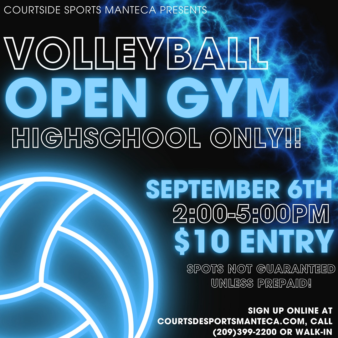 🏐Highschool Volleyball 🏐
Open gym Sat. Sept 6 | 2-5pm
$10 entry | multiple net heights
✈️FLIGHT PLAYERS GET IN FREE~ Must check in at front desk🚨
————————————————————————
YOU MANAGE YOUR OWN COURT TIME
NOTICE‼️: Spots are not guaranteed unless you have prepaid. You can reserve online or over the phone. IF YOU CANT BOOK IN ADVANCE, we would suggest showing up early to make sure you have secured a spot.
If you have issues finding a team, please let the front desk know! OPEN GYMS ARE NOT REFUNDABLE🚨
Sign up online or call (209)399-2200to secure your spot!
‼️Walkins welcome but not guaranteed ‼️