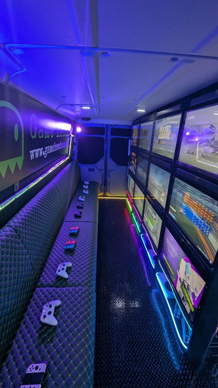 The MAX van is ready for bookings! MAX comes with 14 screens , 6 playstations, 4 Nintendo's , 4 Xboxs, and (world's first!) two individual VR racing pods complete with screens and vr headsets. Evangelion lighting and JBL pulse lights and speakers can be added to make it xtra special! MAX can seat upto 14 players aged 7-12 or 9 players aged 13+ more at www.gameheads.co.uk
