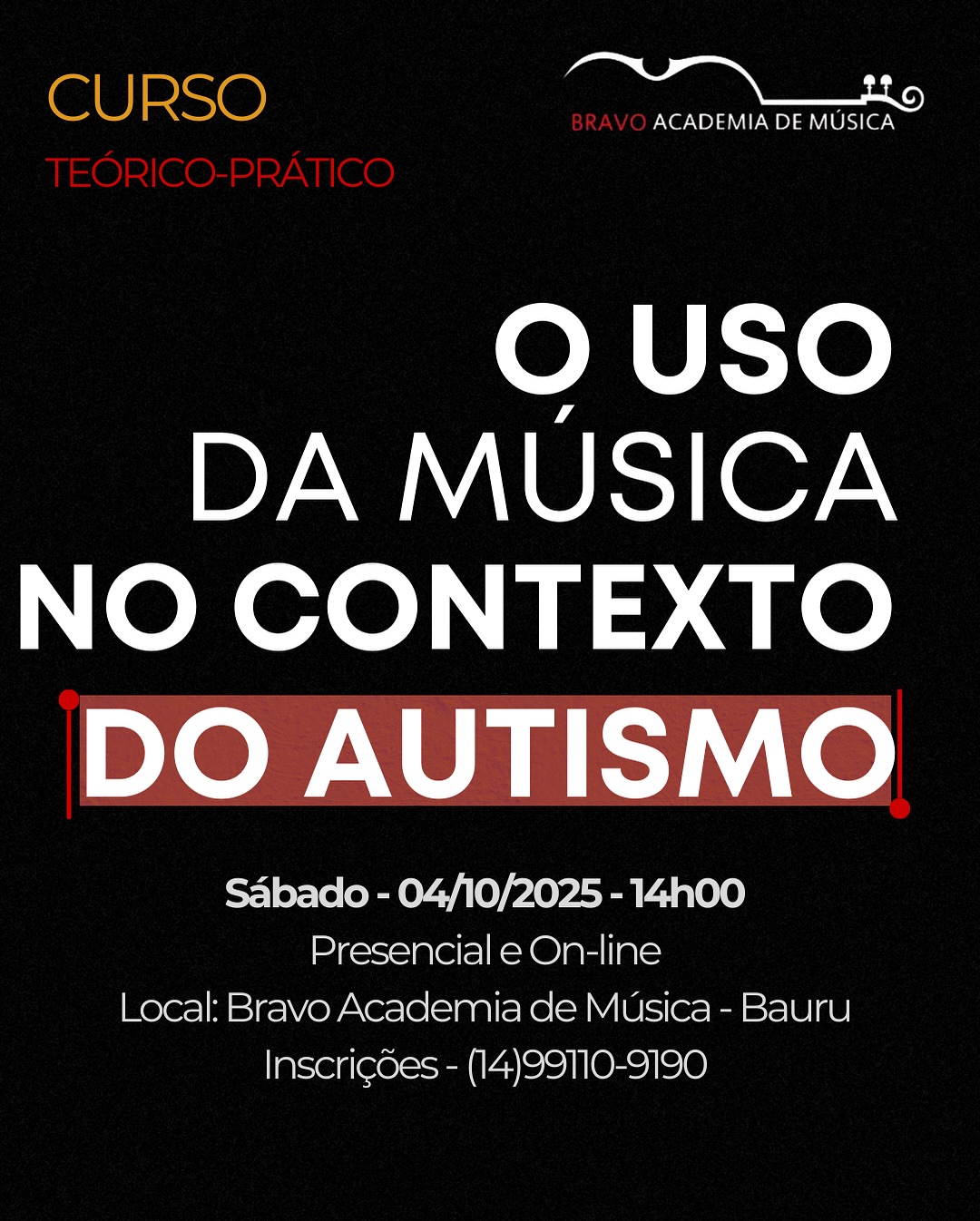 ✨ Curso Teórico-Prático: O Uso da Música no Contexto do Autismo ✨
🎶 Um encontro único para profissionais interessados em compreender e aplicar a música como ferramenta no TEA.
📍 Data: Sábado – 04/10/2025
🕓 Horário: 14h00 às 17h00
📌 Formato: Presencial e On-line
🏛 Local: Bravo Academia de Música – Bauru
💰 Investimento: R$ 150,00
📲 Inscrições: (14) 99110-9190
👉 Vagas limitadas! Garanta já a sua inscrição.
#musica #tea #neurociencias #bravoacademiademusica