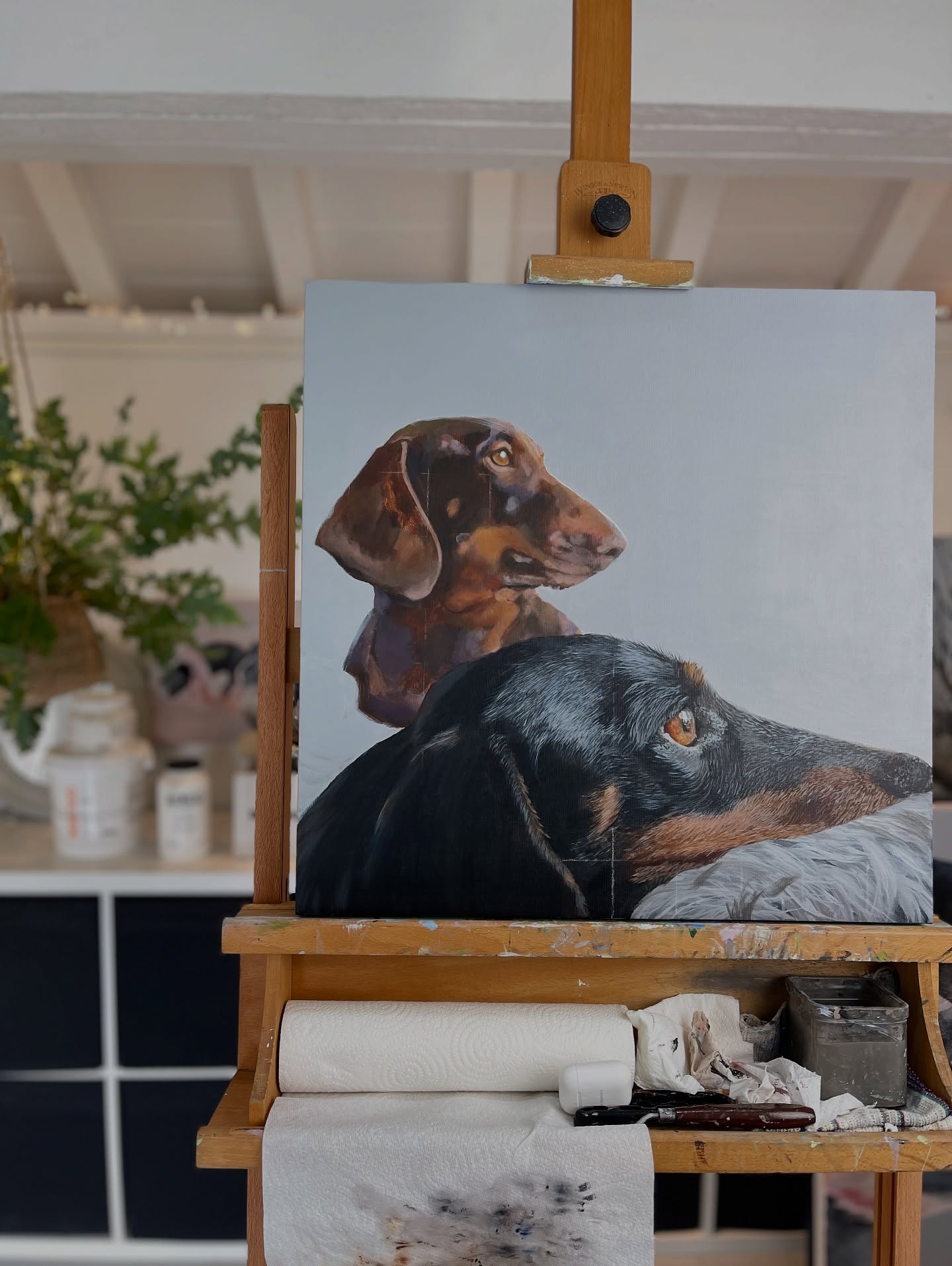Yesterday’s progress in the studio.
I’m rather unsure of this background colour behind Molly and Leo. Acrylic paints dry darker and I think in this case it might be too dark… 🤔
What do you think? Should I change it before I carry on painting the dogs?
