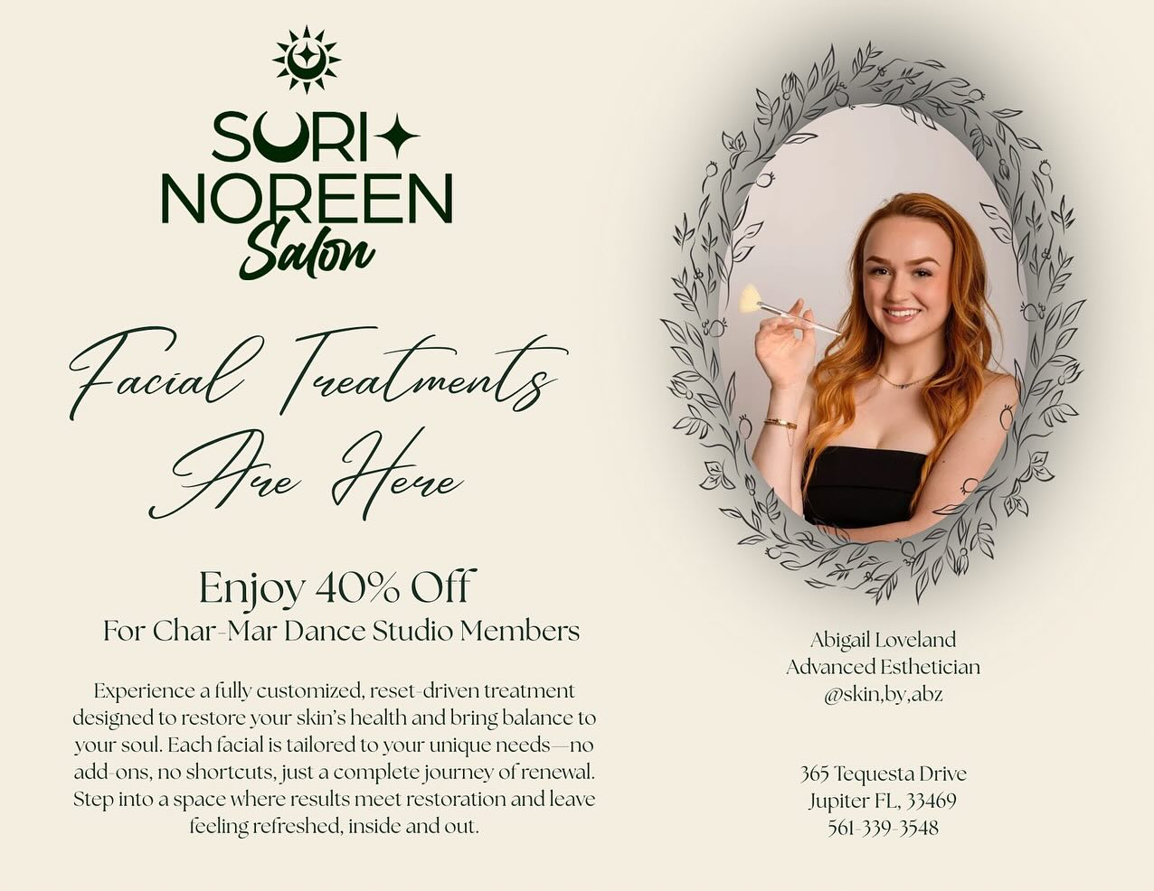 💆♀️✨ Char-Mar families, we’ve got a treat for you! ✨💆♀️
Our friends at Suri Noreen Salon are now offering custom facial treatments with @skin.by.abz — and Char-Mar Dance Studio members get 40% off! 🌿
Whether you need a quick refresh (30 min), a deeper nourish (60 min), or the ultimate reset (90 min), these facials are designed to leave you glowing inside & out.
Because dancers (and dance parents) deserve a little self-care too! 💚