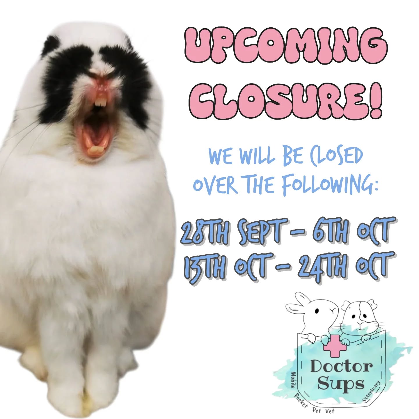 🚨 IMPORTANT UPCOMING CLOSURES 🚨
Doctor Sups Veterinary will be closed over the following periods:
28th September - 6th October
13th October - 24th October
During these periods, Dr. Sups will be unavailable to respond to any enquiries or appointments. If you little pocket pet friends require ongoing medications, please ensure you have enough supply to last you through these closure periods.
Thank you for your understanding 😊