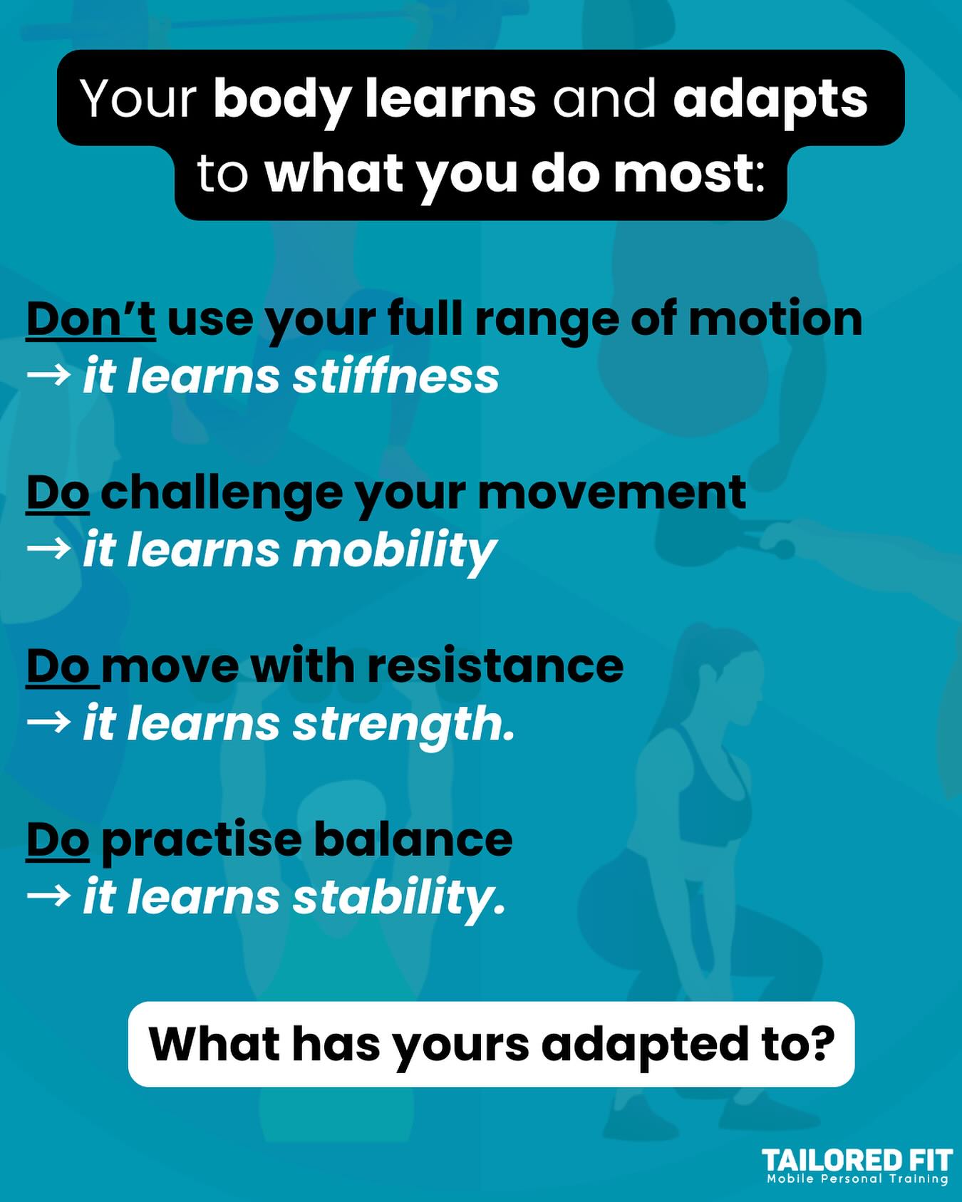 Repeated choices shape the way your body moves, feels and ages.
Train for strength, mobility, stability and resilience — because that’s what lasts.
#TailoredFit #TrainDifferently #MoveBetter #StrongerAtAnyAge #FunctionalTraining #KeepMovingForward