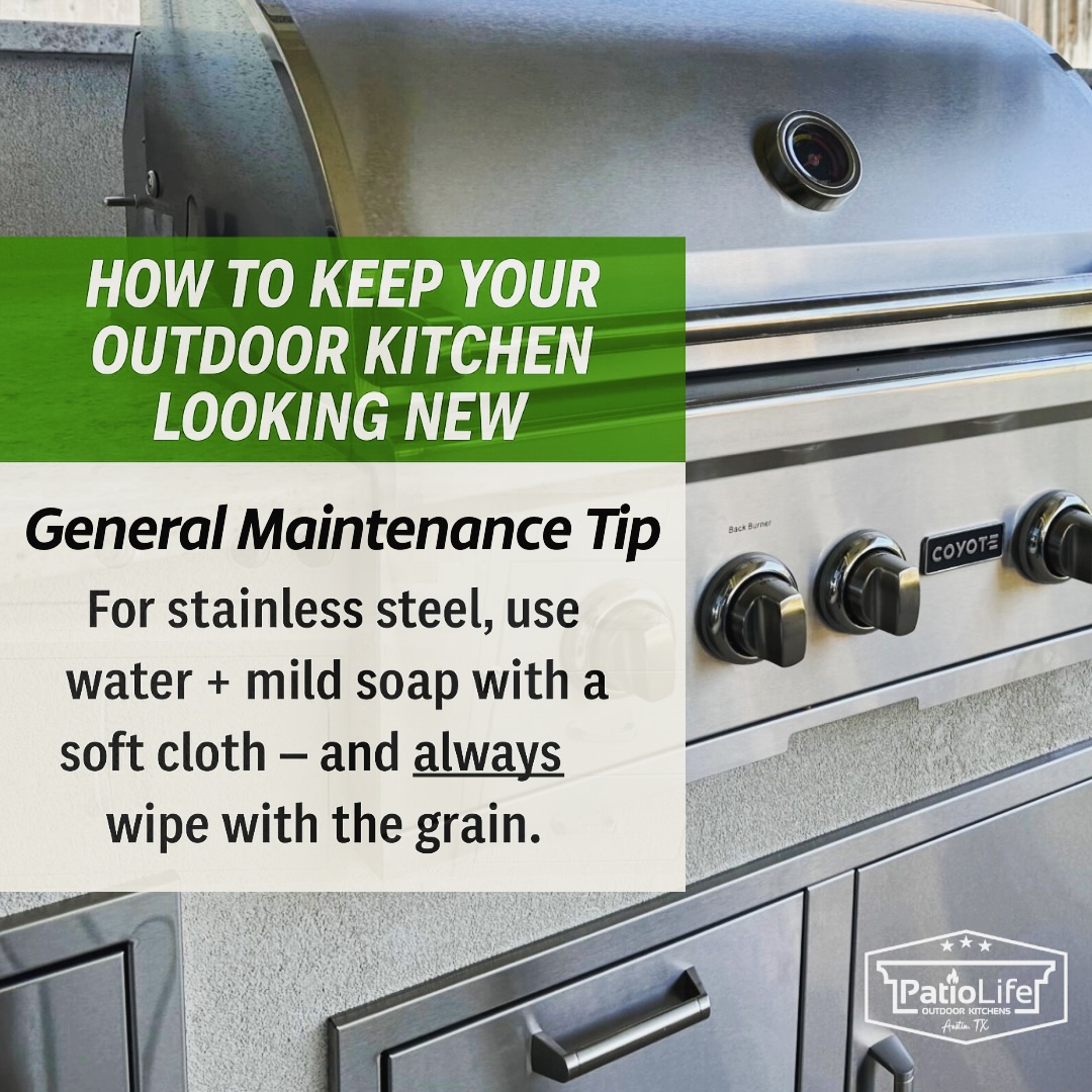 ✨ Keep your outdoor kitchen shining like new!
Quick tip: For stainless steel surfaces, use warm water + mild soap with a soft cloth and ALWAYS wipe with the grain. Doing this often prevents scratches, avoids streaks, and keeps your space looking sharp for every cookout. 🔥
#PatioLife #OutdoorKitchen #PatioCovers #GrillTips #RoundRockTX #AustinHomes #OutdoorLiving