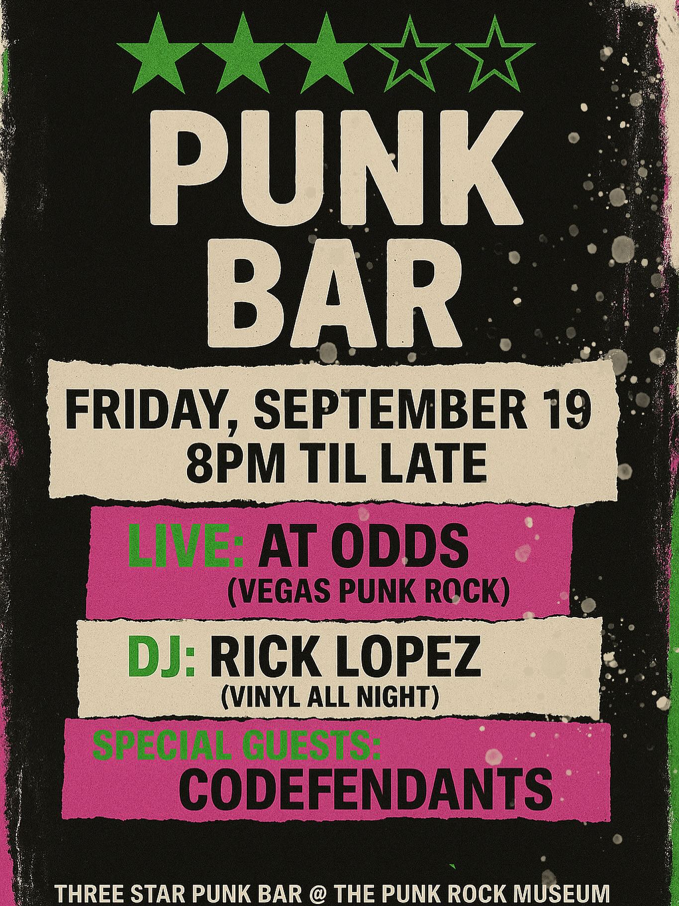 In honor of the newly renamed Three Star Punk Bar we will be hosting a little rager on Friday, September 19th to celebrate its refreshed identity.
The evening will feature Las Vegas punk rockers @atoddsofficial blowing the doors all the way off, @rocknrollrick will be spinning vinyl throughout the night while Sharky keeps an eye on how much spray paint @codefendants_legal_fund have brought on premises.
In addition to live entertainment, the celebration will include our new menu, as well as other surprises... we’re thinking about an ice cream truck.
Can’t wait to see you maniacs at Three Star Punk Bar located in The Punk Rock Museum!