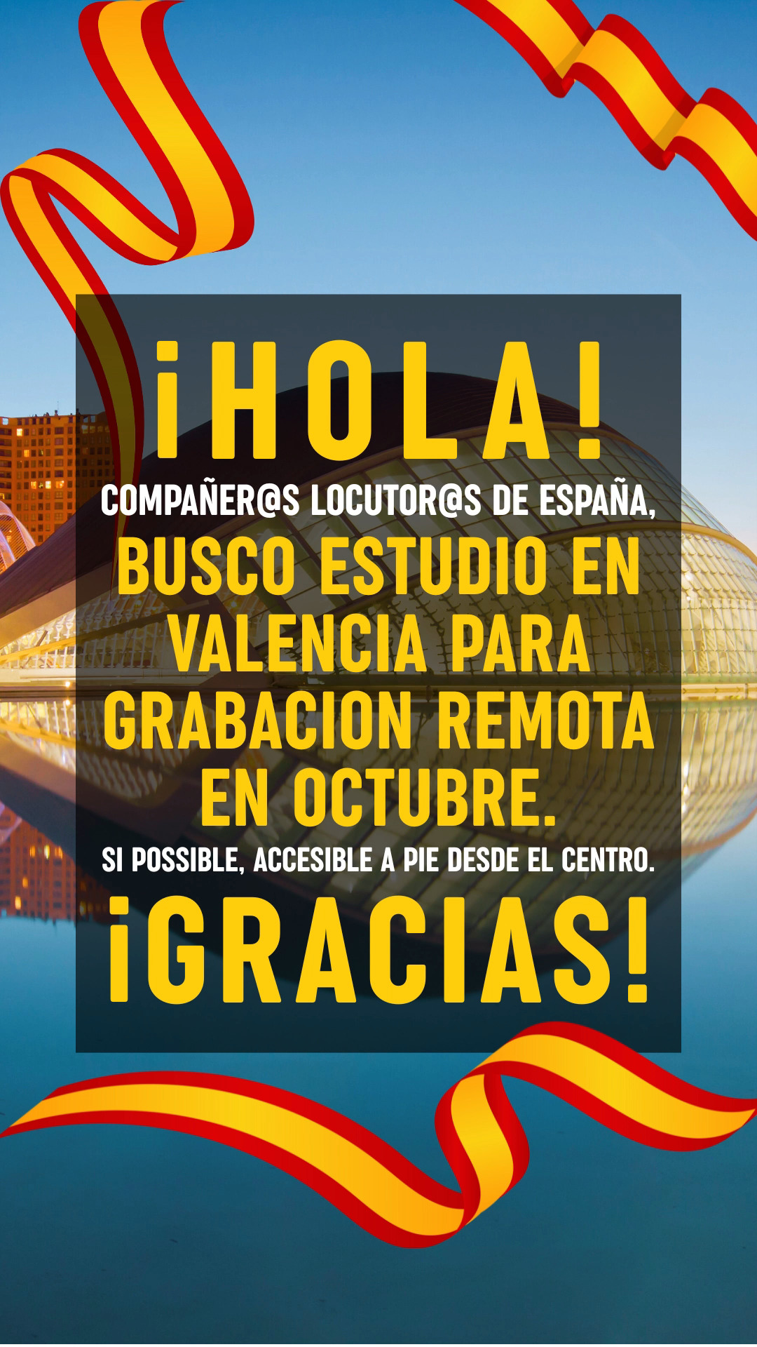 Un llamamiento a mis compañeras y compañeros locutores de España 🇪🇸
El próximo mes de octubre viajaré con mi familia por toda España. Durante ese tiempo, me gustaría ofrecer a mis clientes la posibilidad de acordar citas conmigo para realizar grabaciones remotas en las ciudades más grandes.
El plan está casi completo, solo en Valencia no he encontrado un estudio adecuado hasta el momento. Se trata de una mañana, entre las 10:00 y las 14:00 horas, en la que me gustaría alquilar un estudio y realizar las grabaciones con un técnico de sonido presente.
¡Agradecezco cualquier sugerencia! ¡No dudéis en compartirlo! 😊 🙏
#locutores #comunidad #locutoresespañoles #valència #estúdio #grabacion
