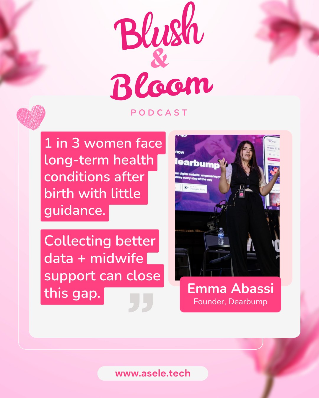 Motherhood shouldn’t be faced alone.
In this episode of Blush & Bloom, Emma Abassi, founder of Dearbump, shares how maternal health education and trusted midwife support can change the story for mothers everywhere.
The conversation covers:
🌸 Why birth trauma and postnatal struggles are still kept silent
🌸 How midwives provide reassurance that Google can’t
🌸 What workplaces get wrong (and right) about supporting parents
🌸 The power of education and community in pregnancy
🎧 Listen to Episode 9: Closing the Gap in Maternal Health Education and Support — available on YouTube, Spotify, and Apple Podcasts.