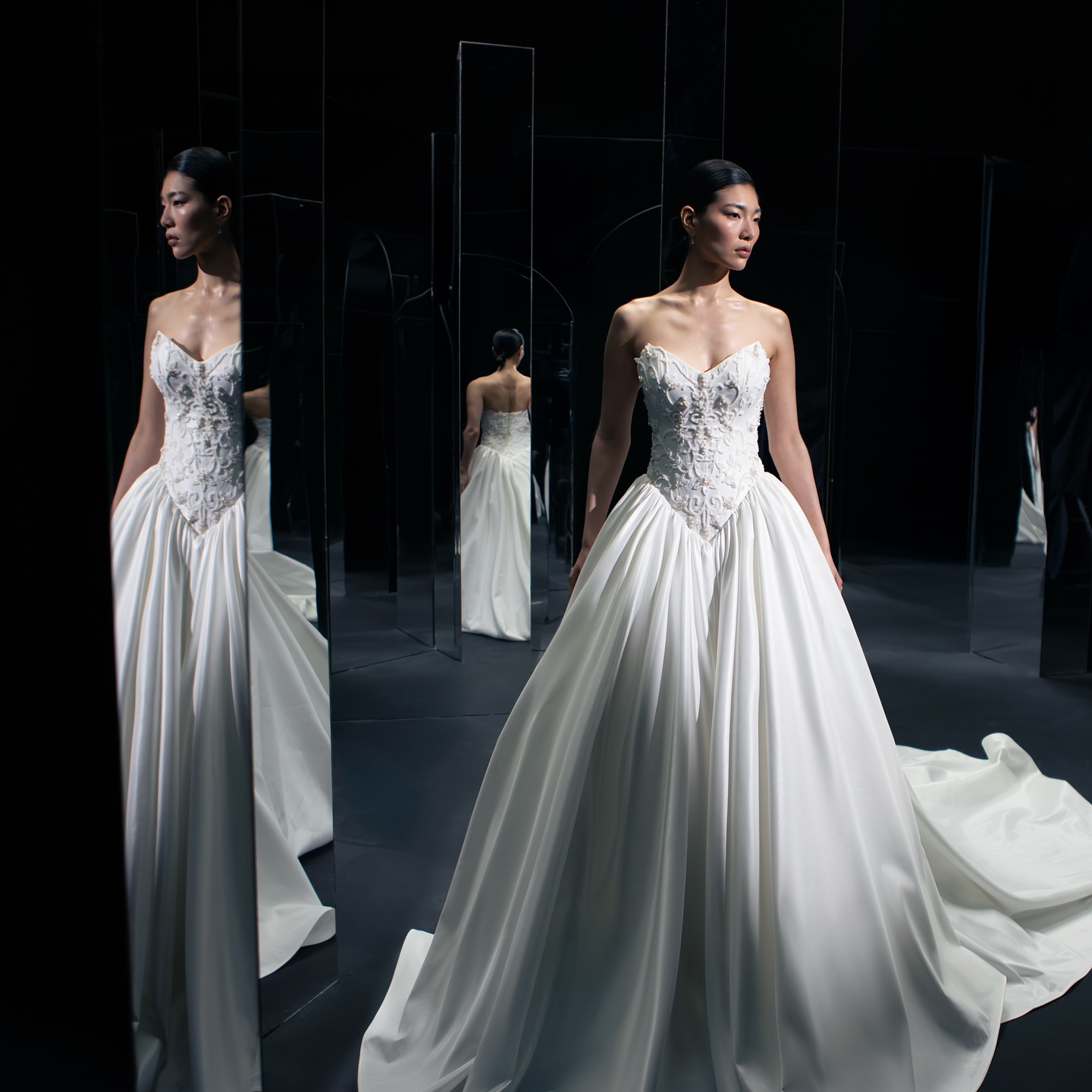 A strapless ball gown wedding dress with a sculpted floral bodice and flowing satin skirt — designed for brides who dream of timeless elegance. 🤍 #BridalCouture #ballgownbride #eclipsed