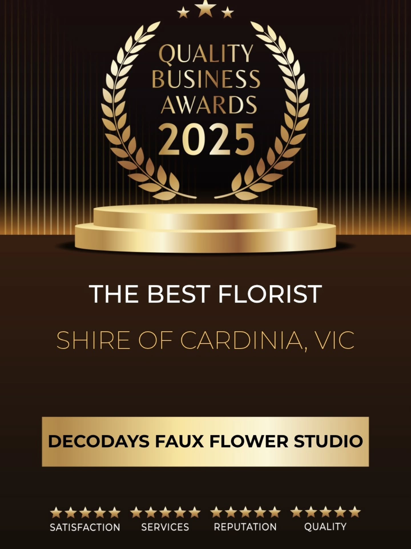🌸✨ We’re officially an award-winning florist! ✨🌸
DecoDays Faux Flower Studio has been recognised as Best Florist in Cardinia 2025 🏆
This award reflects the love, detail and creativity that goes into every bouquet and every wedding we style.
A huge thank you to all our amazing couples who trust us to bring their floral dreams to life 💍💐 — and to everyone who has left us a review 📝💖 Your kind words and support mean the world, and they helped make this recognition possible.
Help us keep this title for 2026 ⭐ If you haven’t left us a Google review yet, we’d love to hear from you!
Here’s to a magical 2025 filled with more love stories, more blooms, and unforgettable moments ✨
#AwardWinningFlorist #BestFlorist2025 #CardiniaWeddings #MelbourneFlorist #WeddingStyling #ArtificialFlowers #FauxFlowers #WeddingInspo #BridalFlowers #WeddingBouquet #LuxuryWeddings #MelbourneBride #EngagedInMelbourne #CardiniaBride #WeddingPlanning