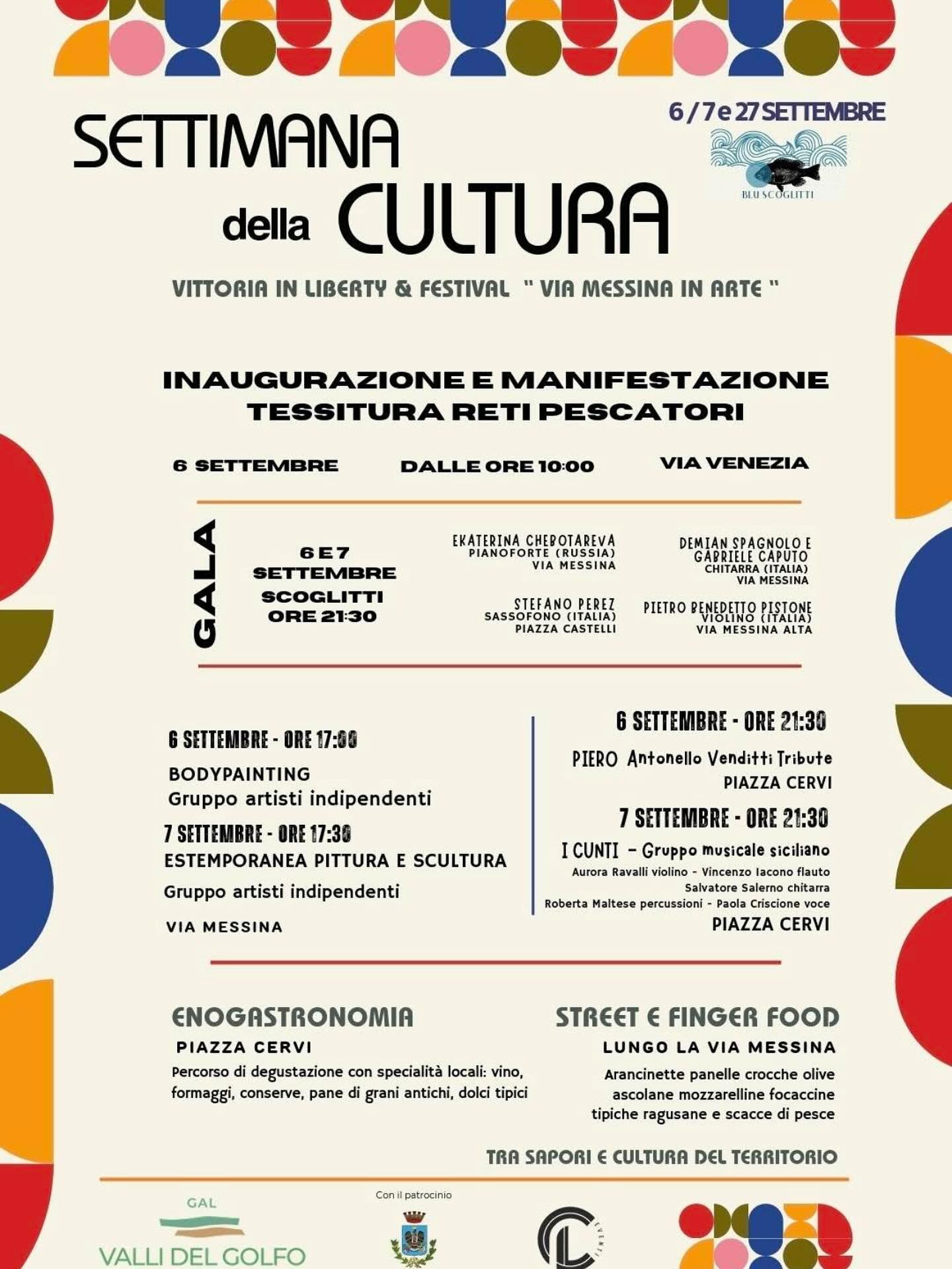 🎶 Gala Music Festival alla Settimana della Cultura 🎶
Ringraziamo il GAL Valli del Golfo, il Comune di Vittoria – Direzione Sviluppo Economico, il Sindaco Francesco Aiello, il delegato Alessandro Speranza, l’intero gruppo assessoriale e gli uffici dirigenziali per il gentile invito rivolto ai nostri artisti a partecipare a queste meravigliose serate di cultura e tradizione.
Siamo felici di condividere la nostra musica all’interno di un progetto che valorizza l’arte, la storia e l’enogastronomia del territorio, contribuendo a rendere la Settimana della Cultura un appuntamento unico e speciale per la comunità.
📍 6 e 7 settembre – Scoglitti, Via Messina e Piazza Castelli
Artisti del Gala Music Festival:
• Ekaterina Chepotareva – Pianoforte (Russia)
• Demian Spagnolo & Gabriele Caputo – Chitarra (Italia)
• Stefano Perez – Sassofono (Italia)
• Pietro Benedetto – Violino (Italia)
Un’occasione straordinaria per celebrare insieme musica, arte e tradizioni